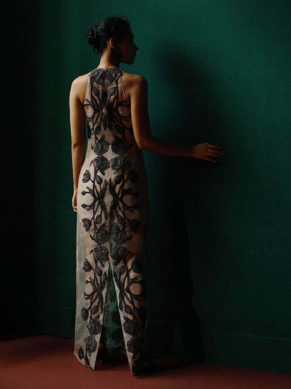Sheer organza gown with embroidered tulips