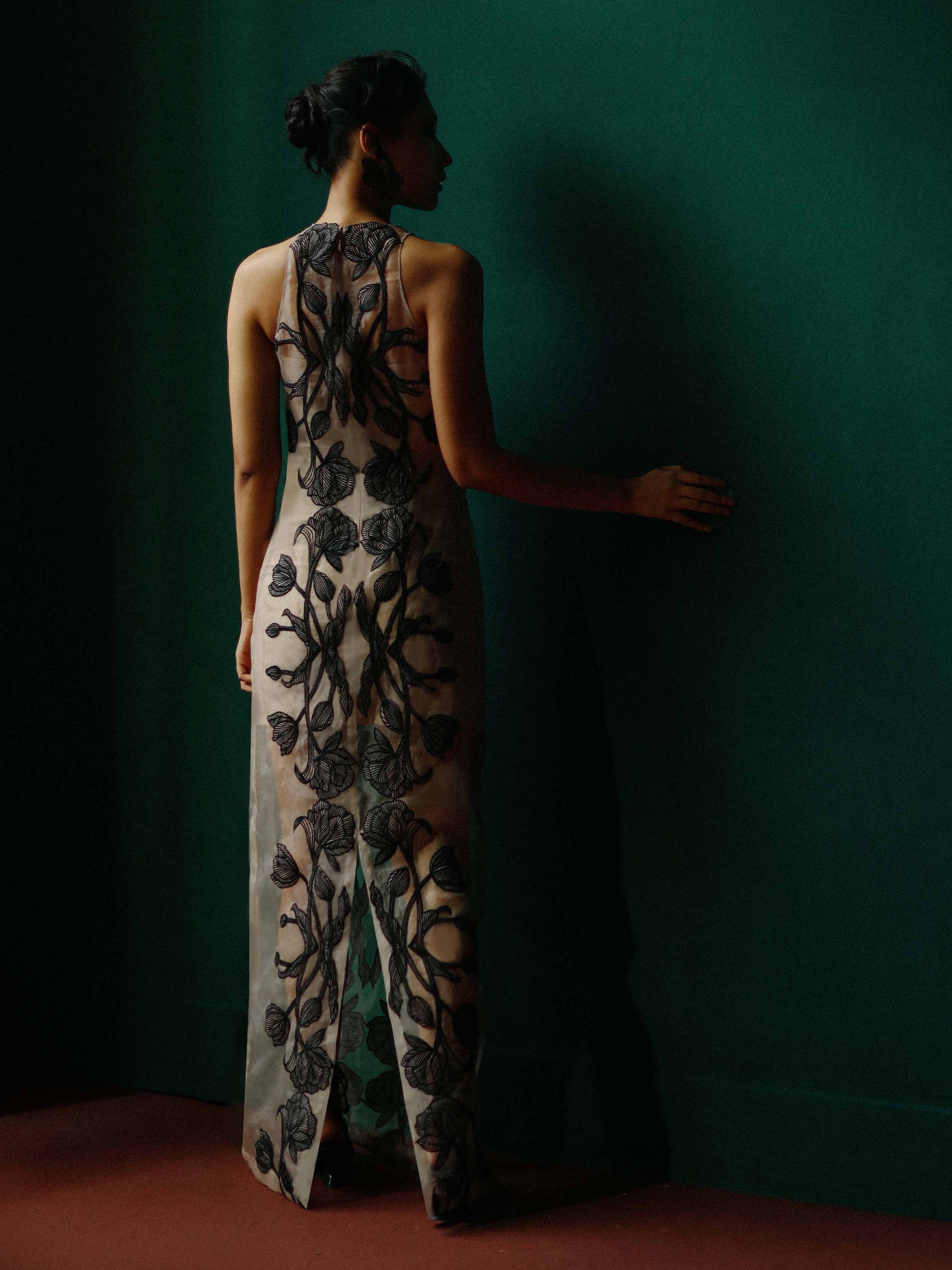Sheer organza gown with embroidered tulips