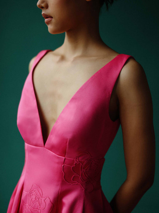 Sleek deep V dress with embossed roses