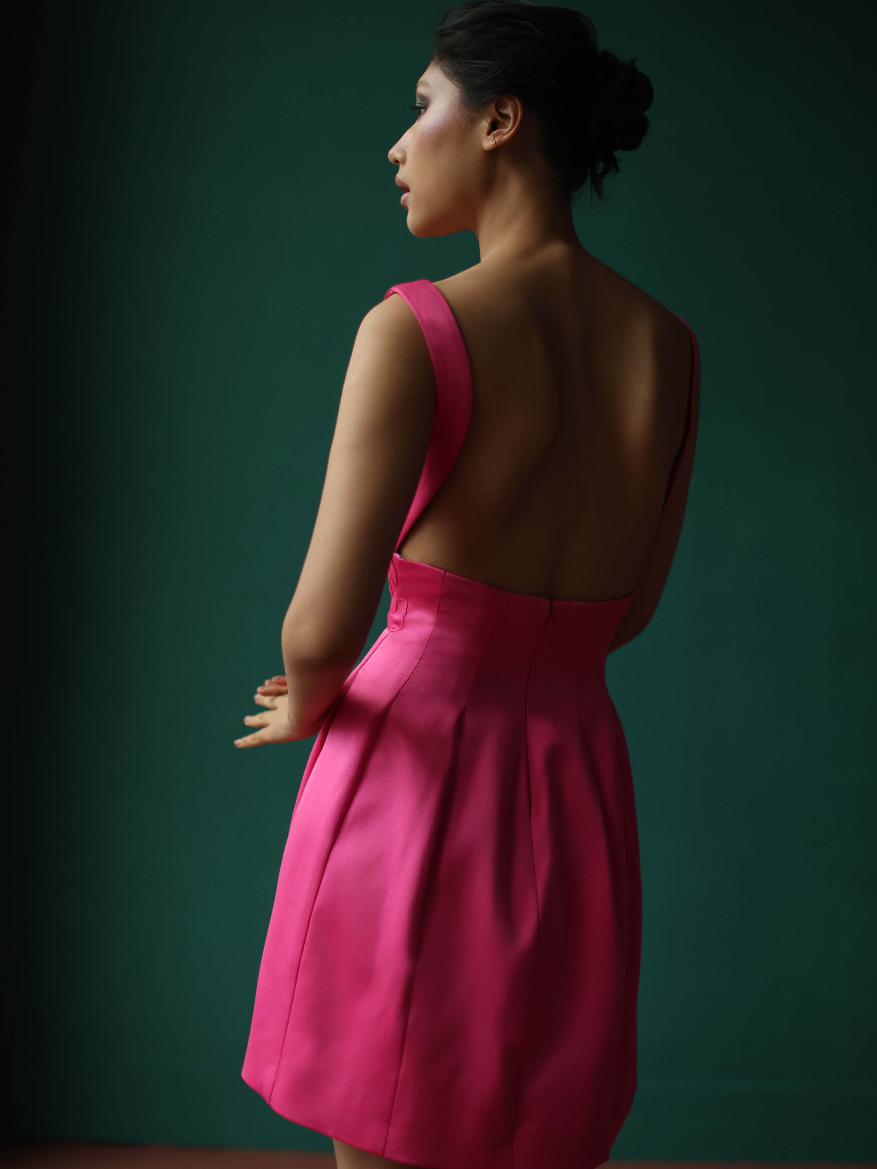 Sleek deep V dress with embossed roses
