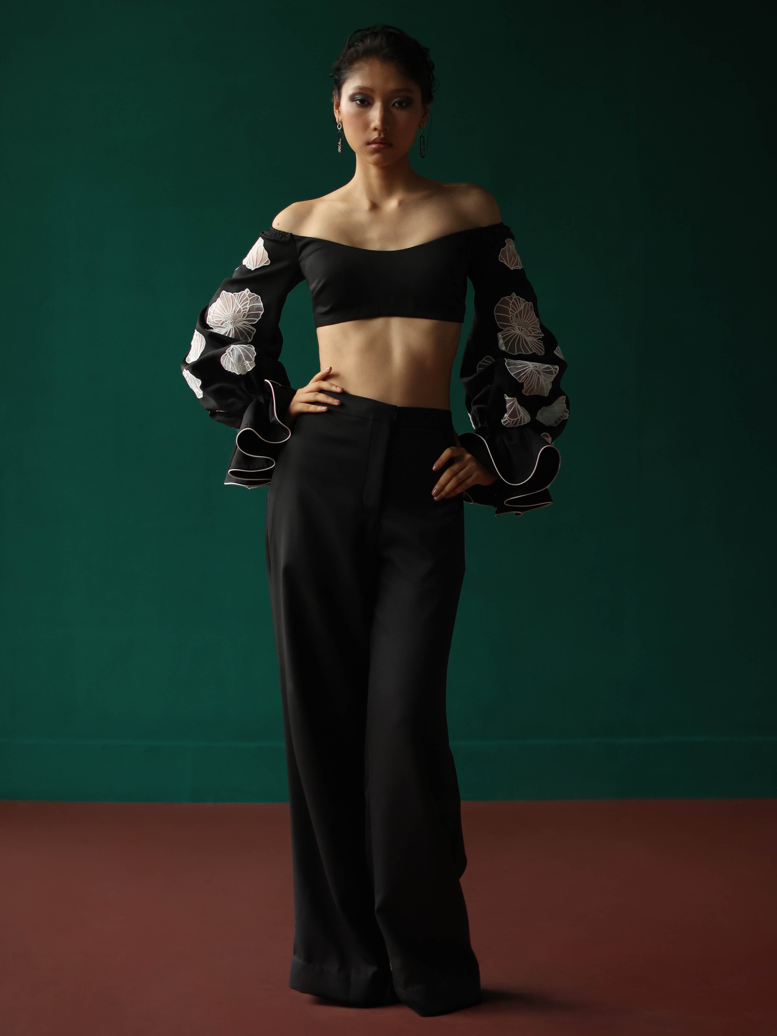 Off shoulder top with blouson sleeves
