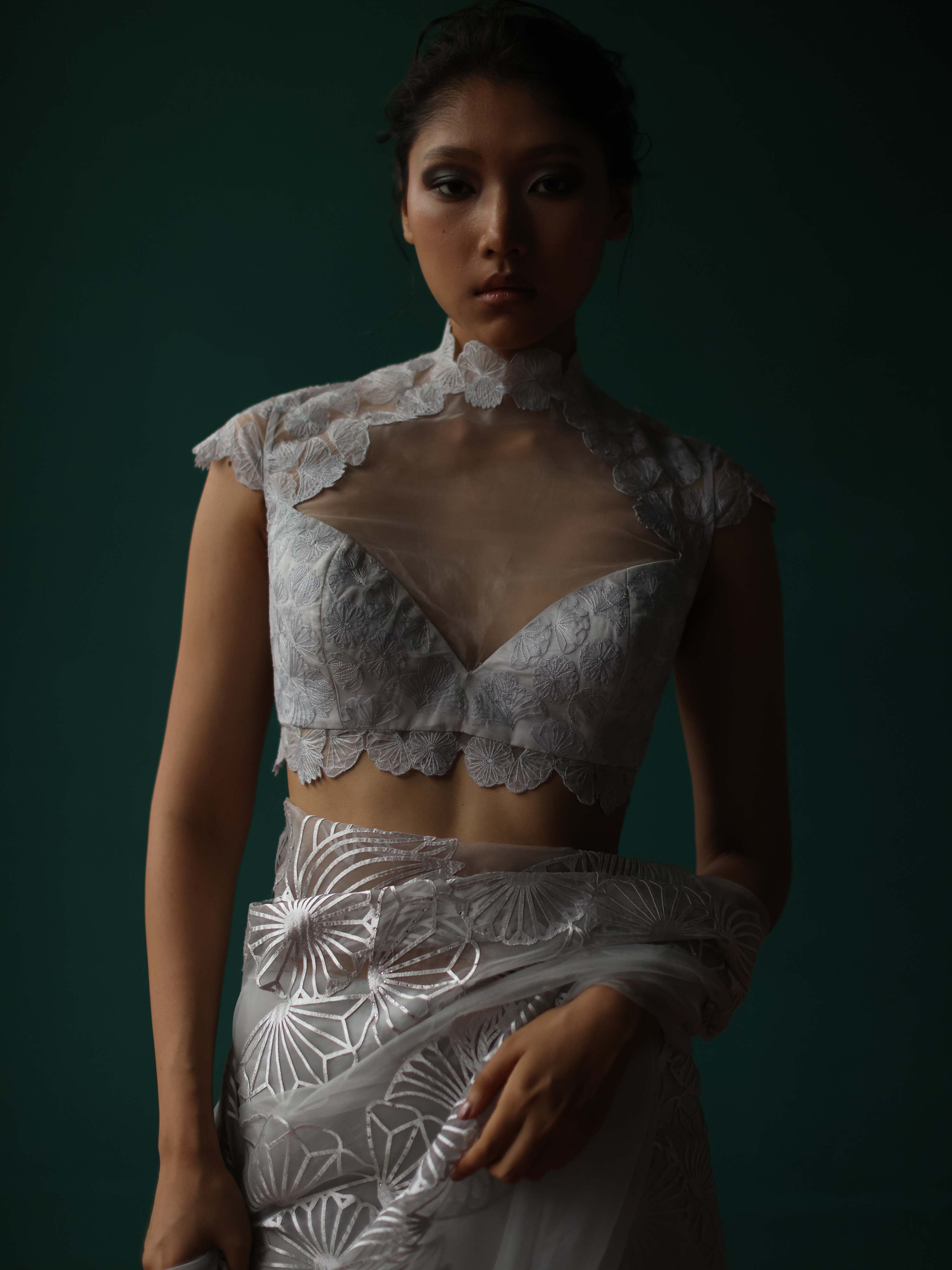 Lace- Inspired embroidered high neck blouse