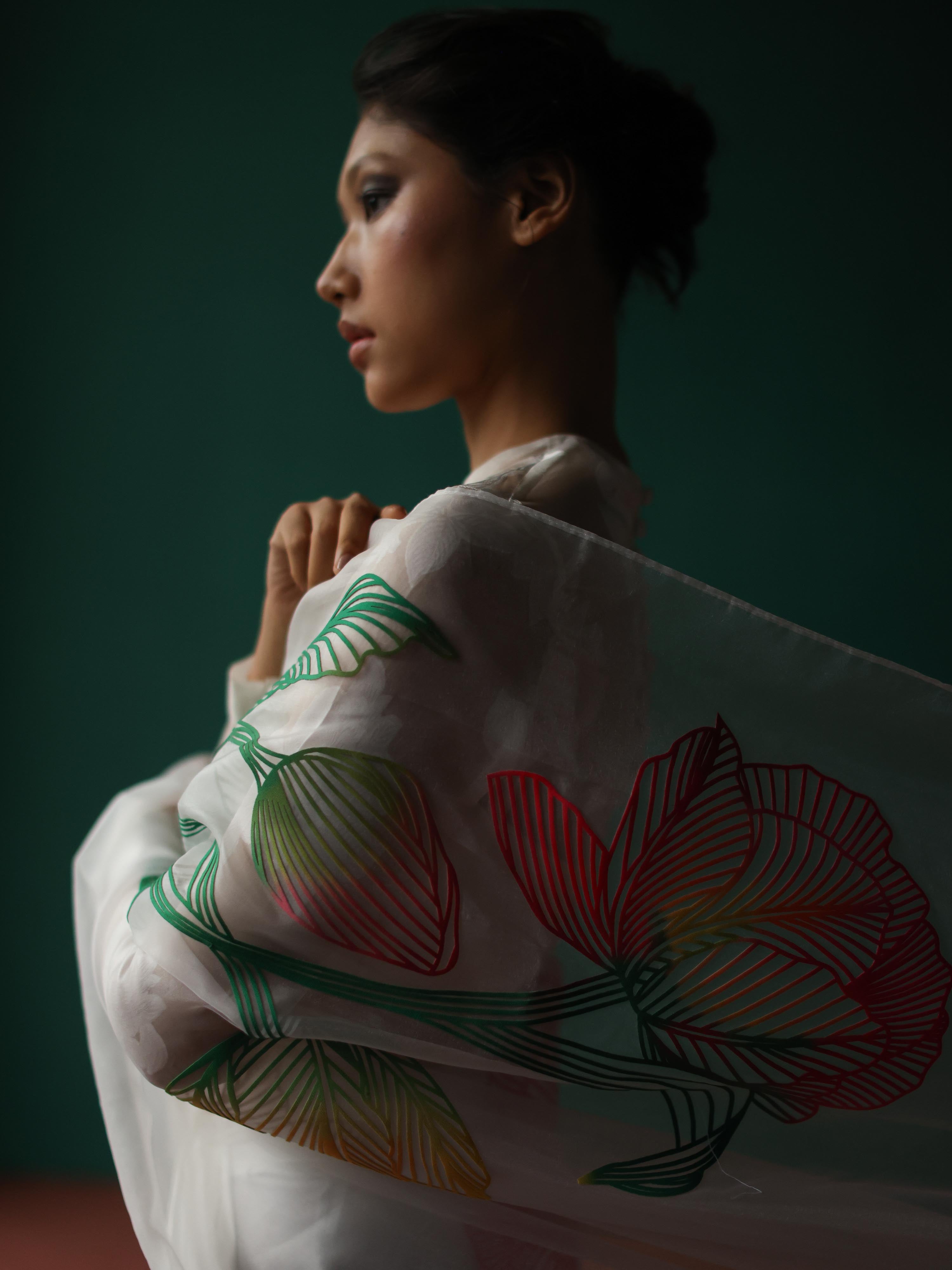 White saree with tulip applique