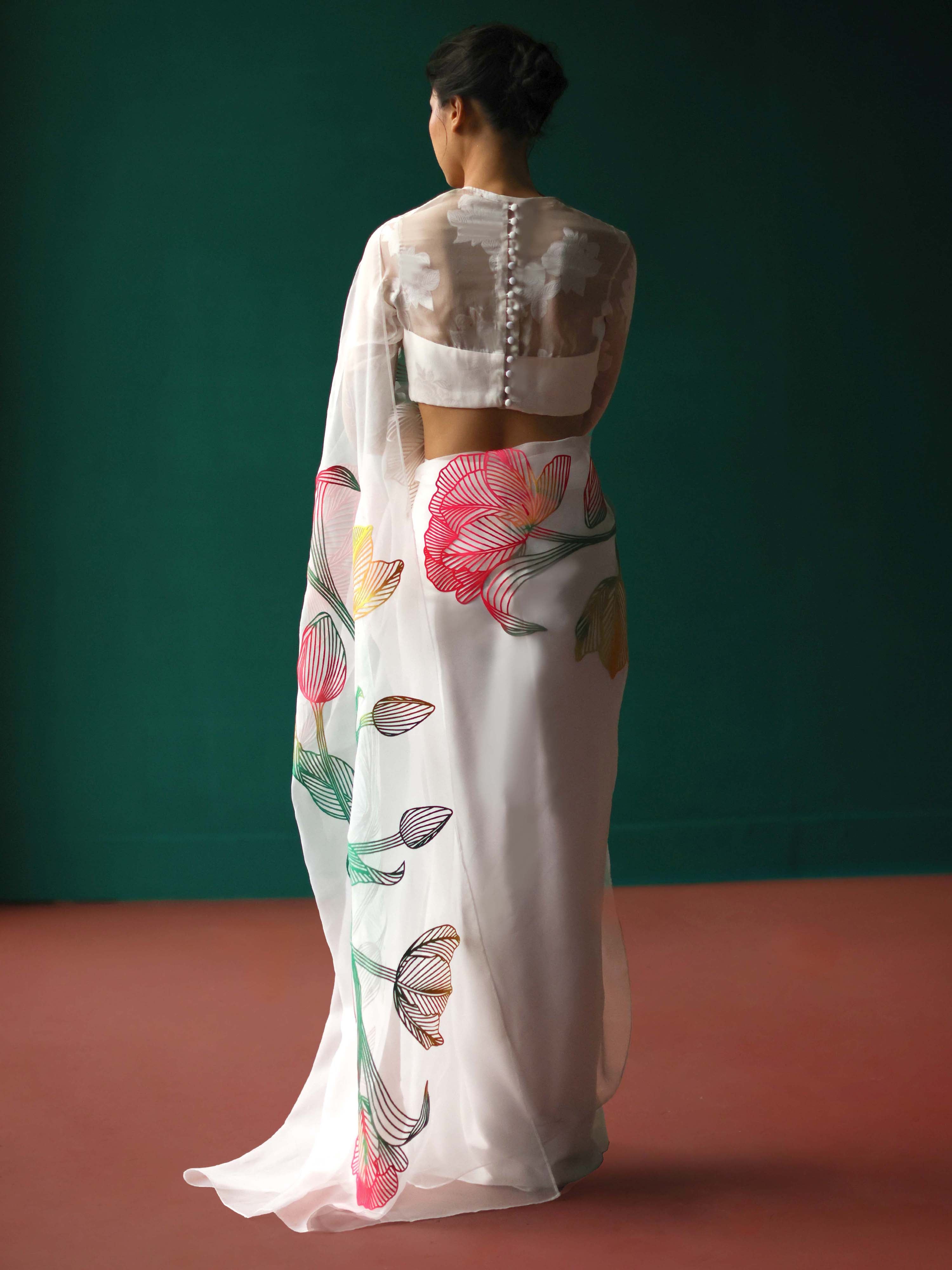 White saree with tulip applique
