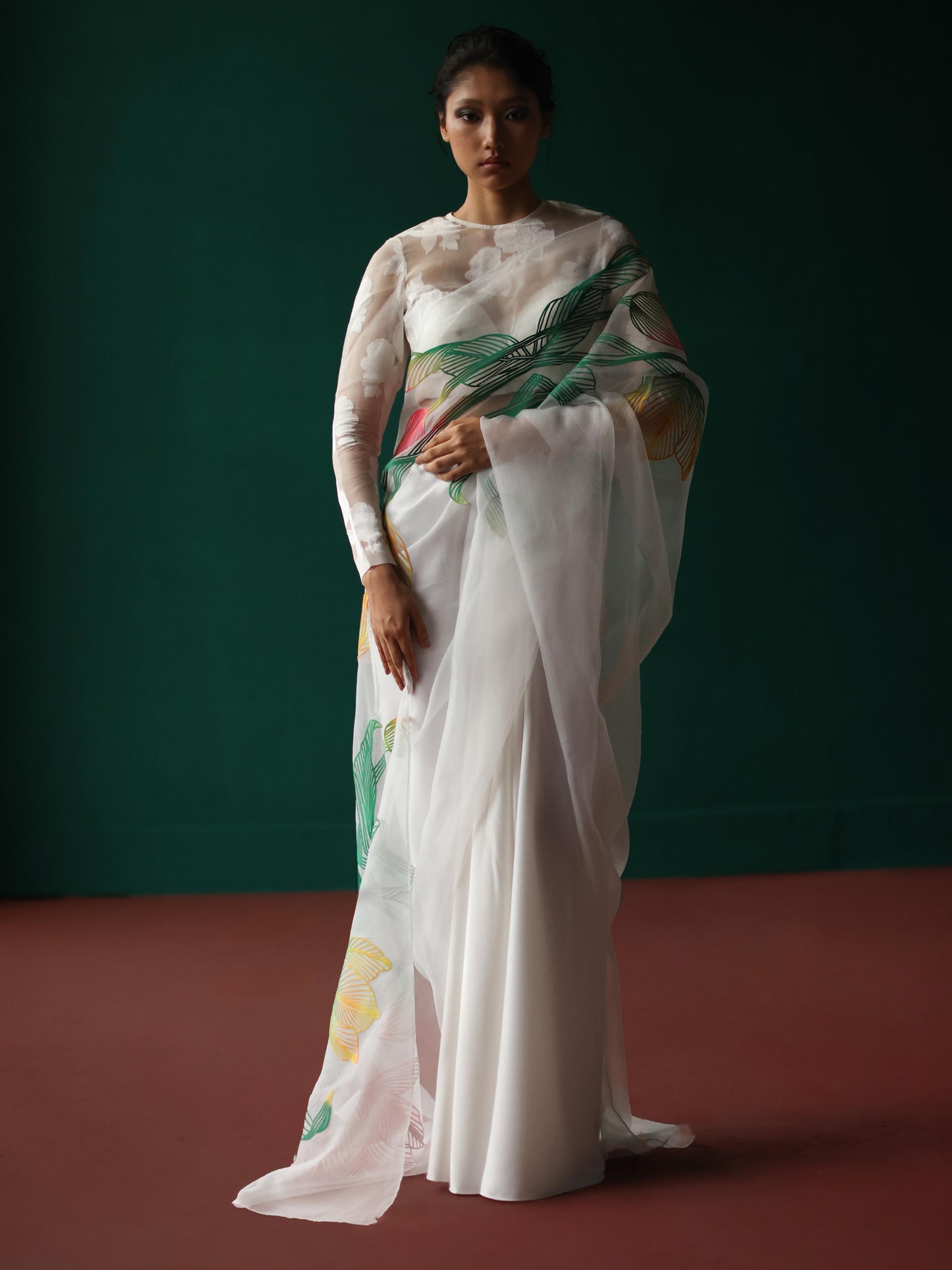White saree with tulip applique'