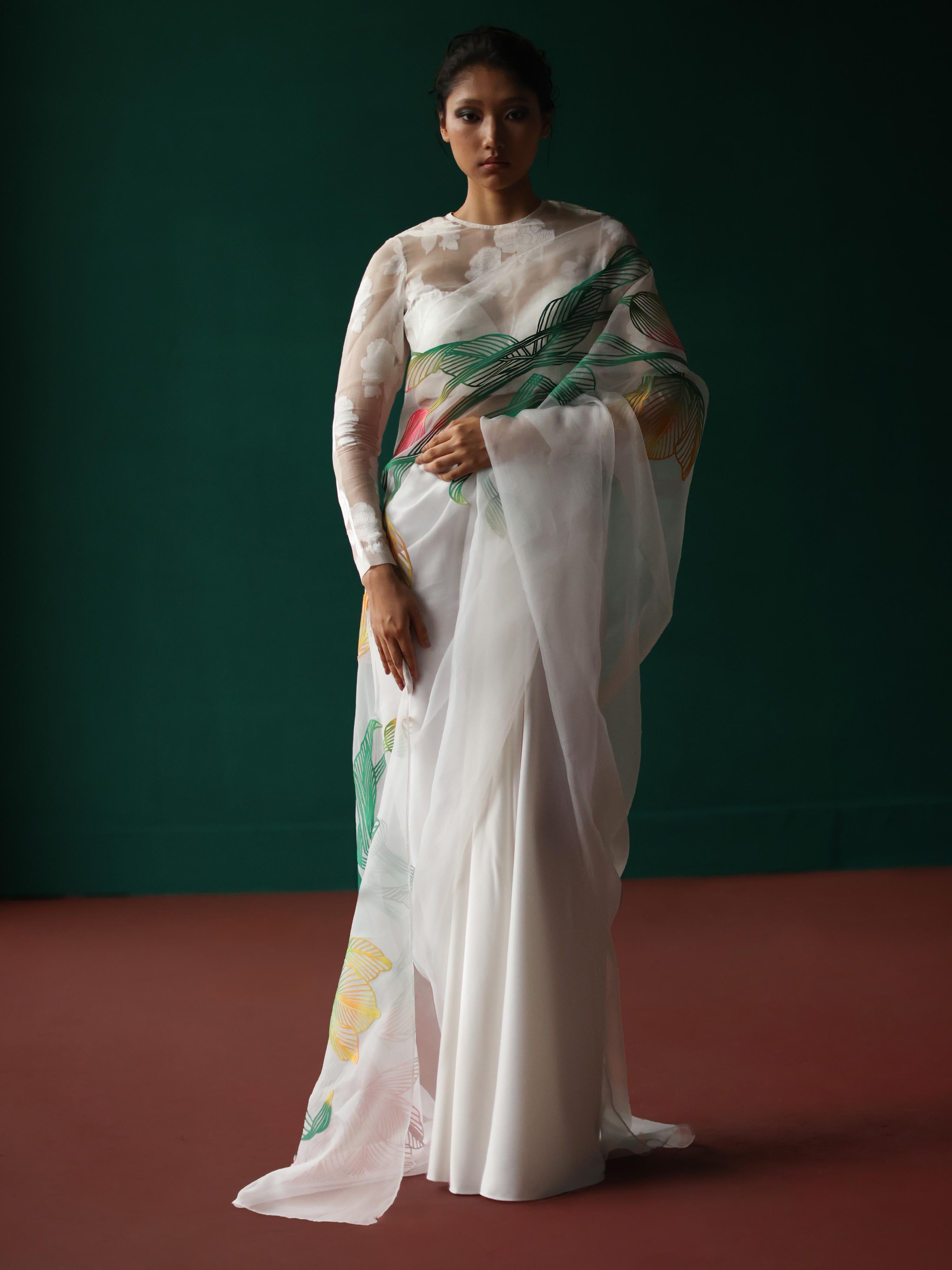 White saree with tulip applique