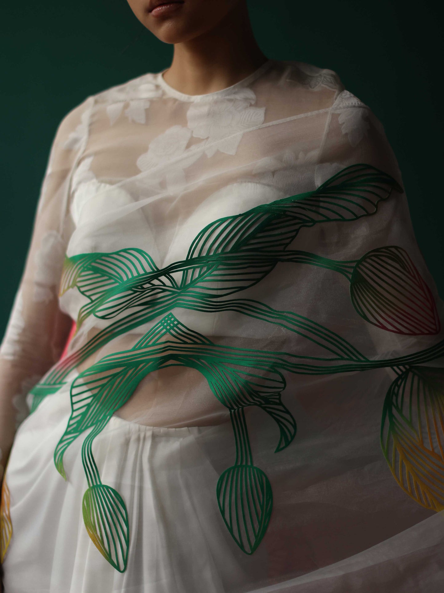 White saree with tulip applique'