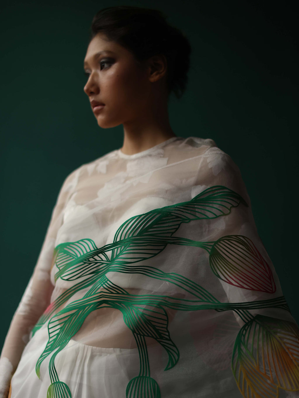 White saree with tulip applique