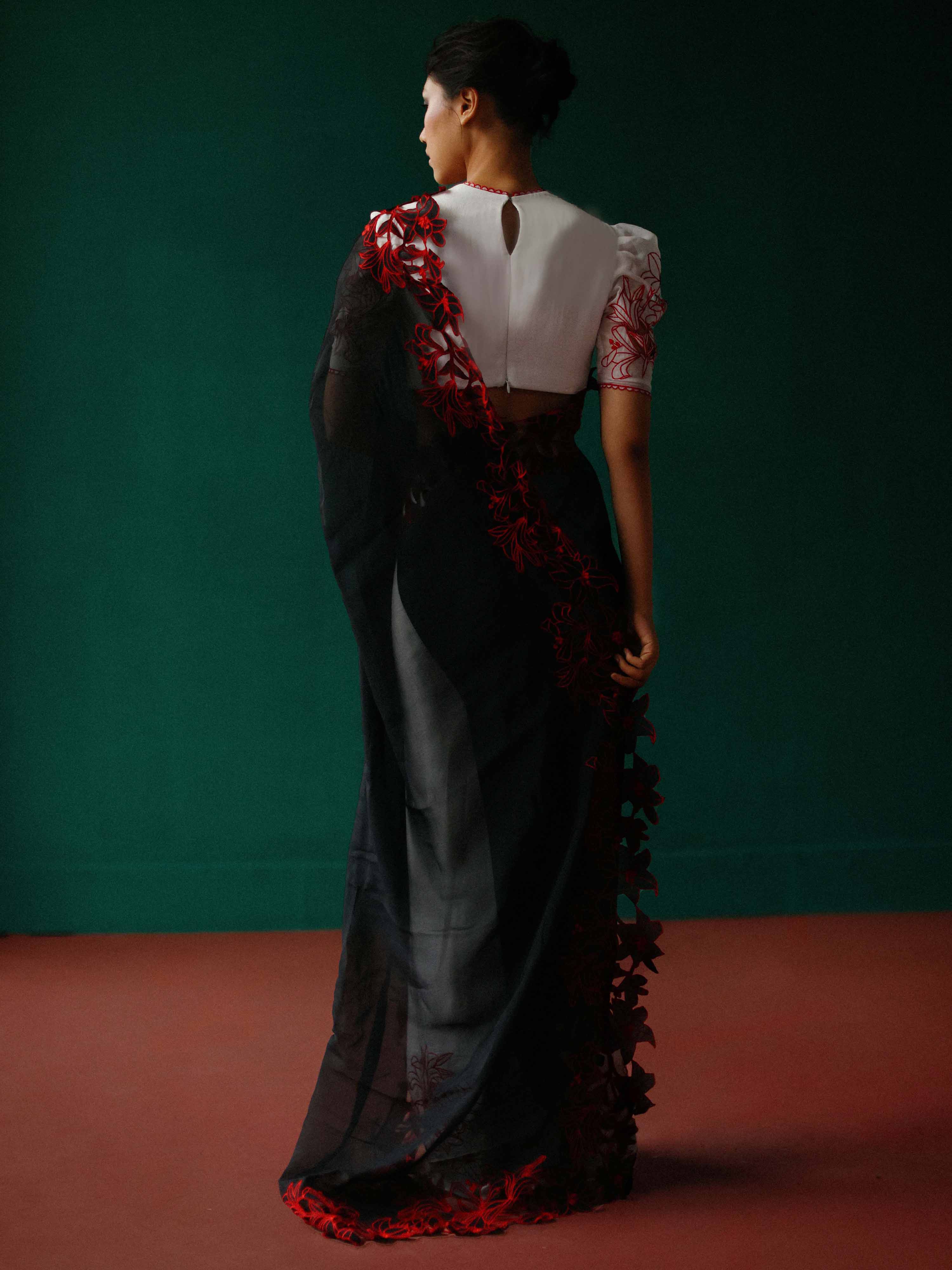 Colour block saree set with embroidered lilies