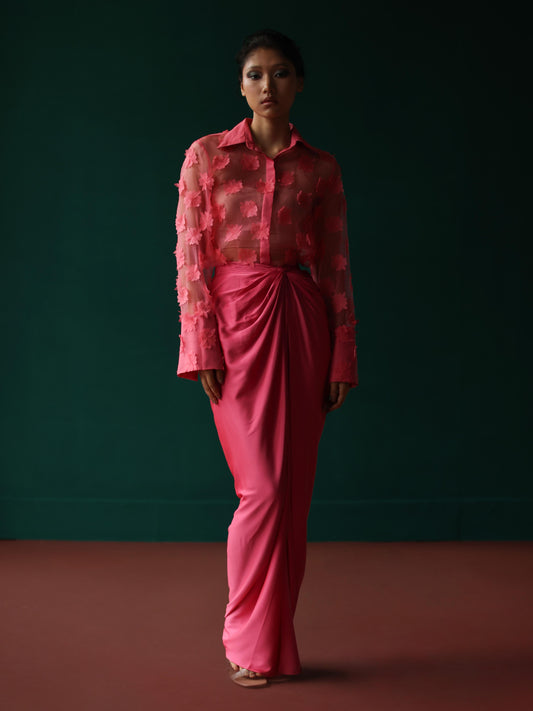 Pink organza bloom shirt with twist skirt