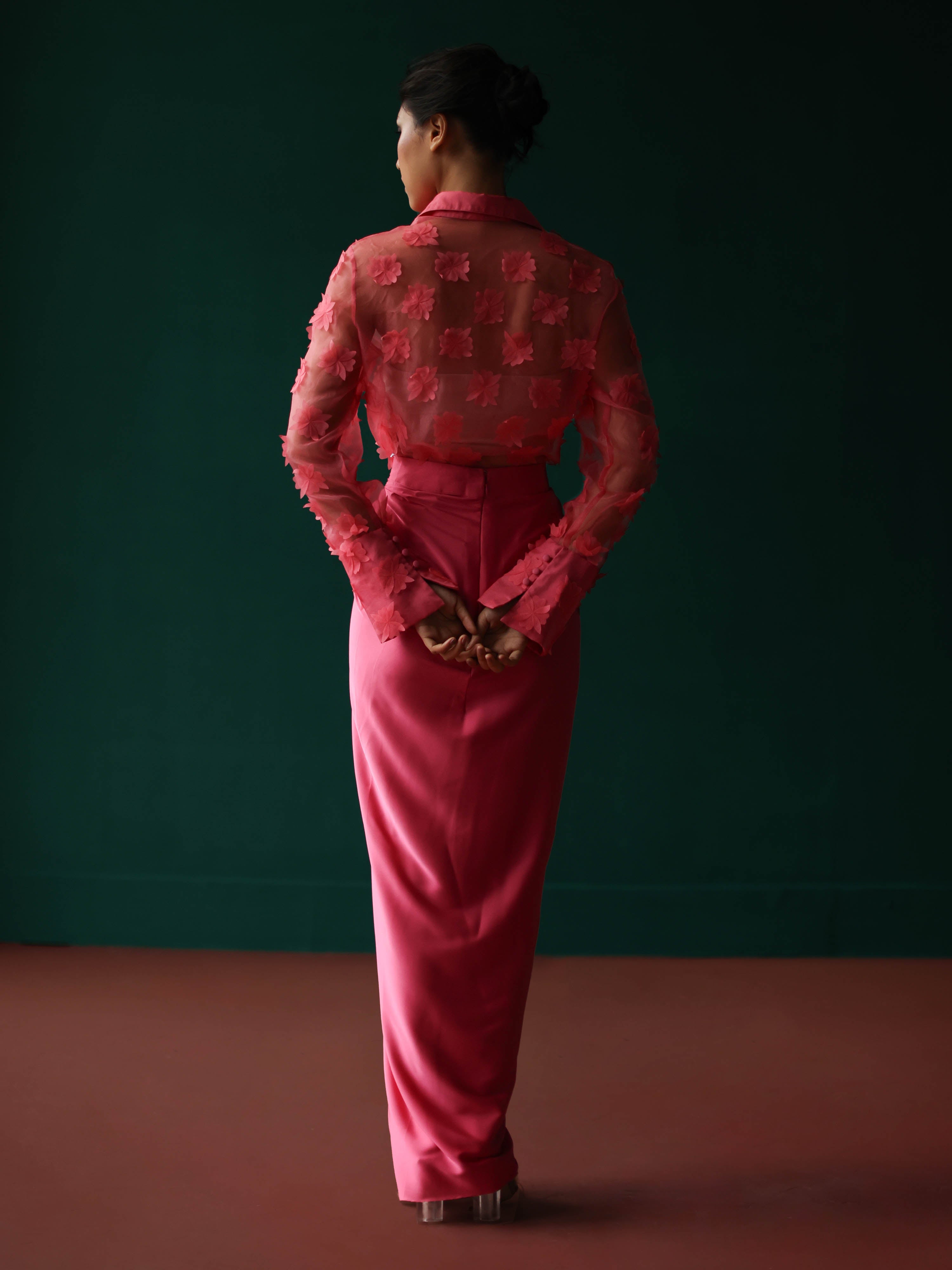 Pink organza bloom shirt with twist skirt