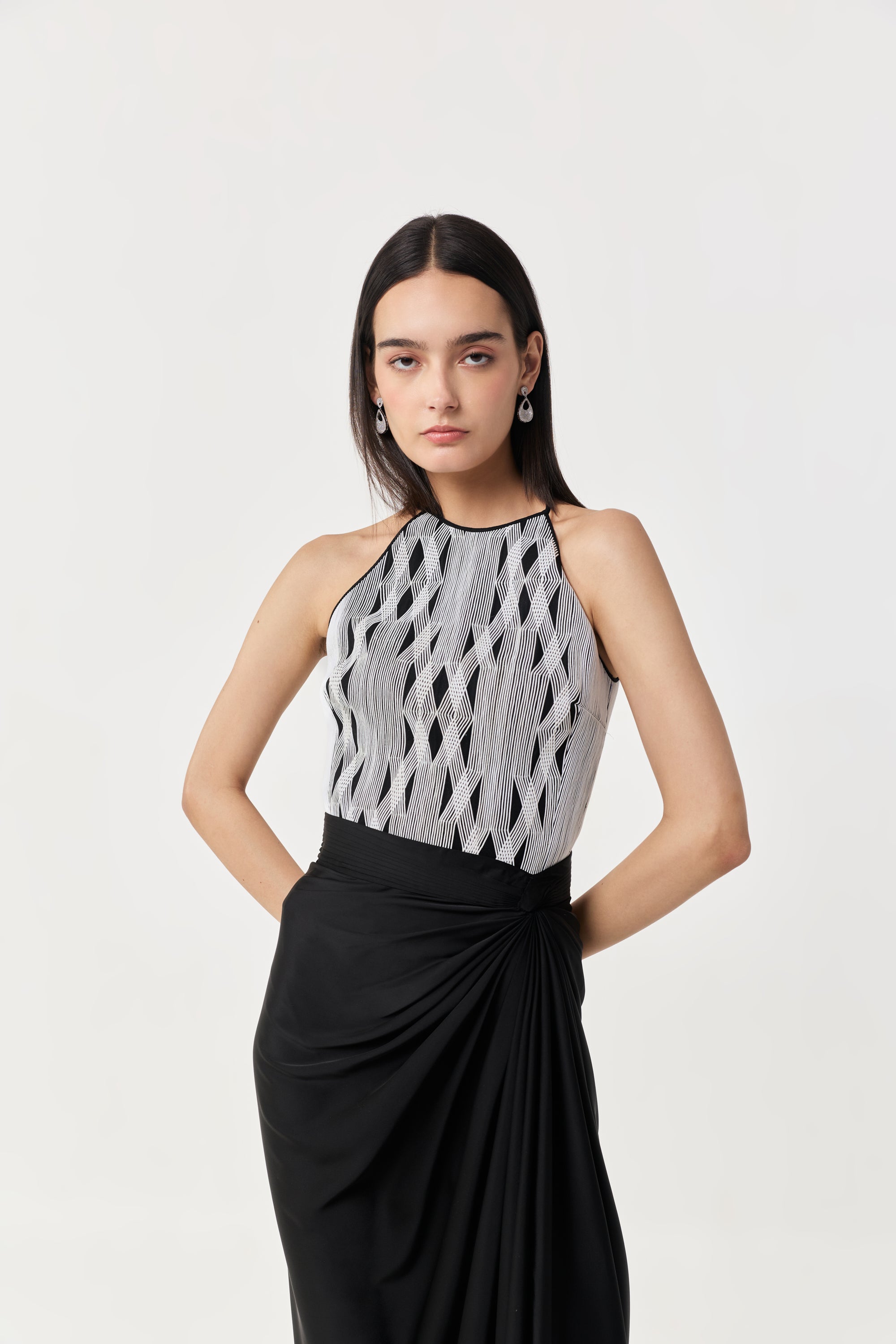Entwined Corded Halter Top Skirt Set - Black & white