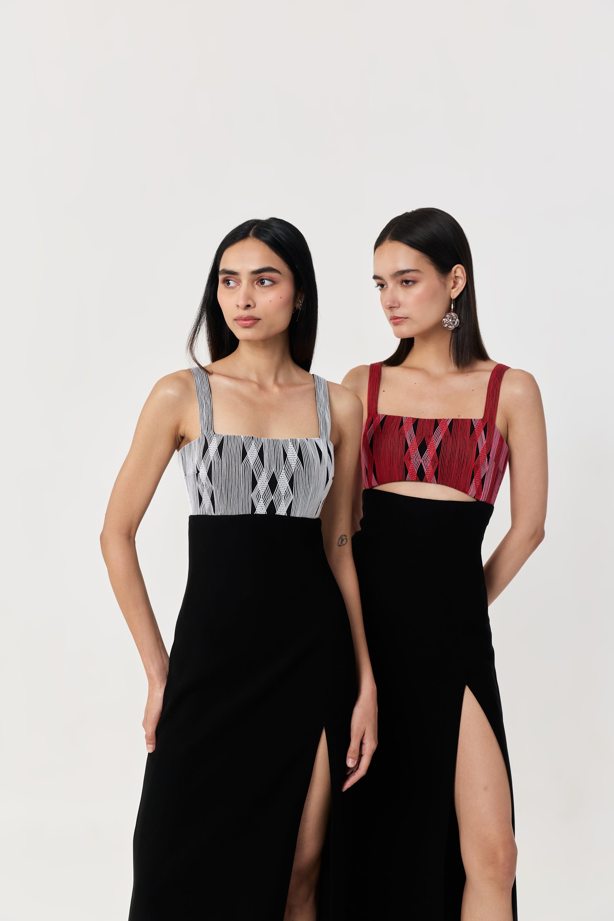Entwined Corded Yoke Dress with Cutout - Black & Red