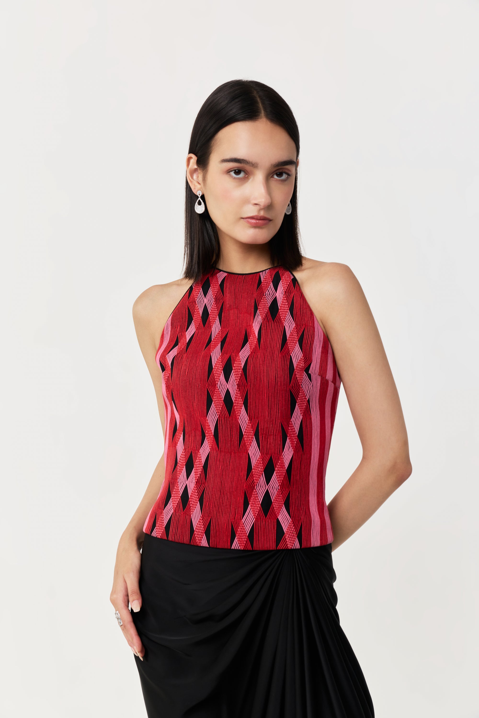 Entwined Corded Halter Top Skirt Set - Black & Red