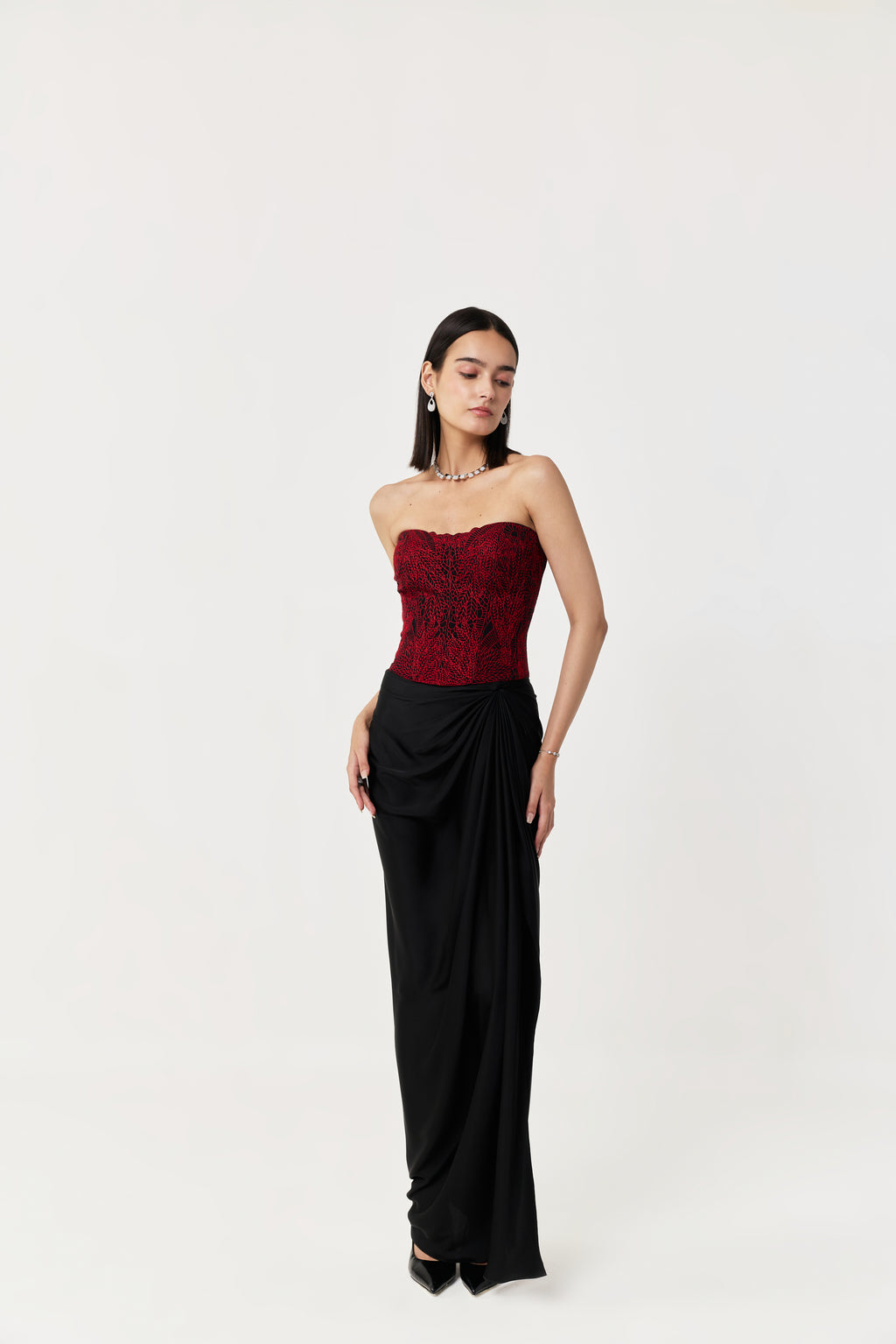 Moss Forest Embroidered Corset Set - Black & Red