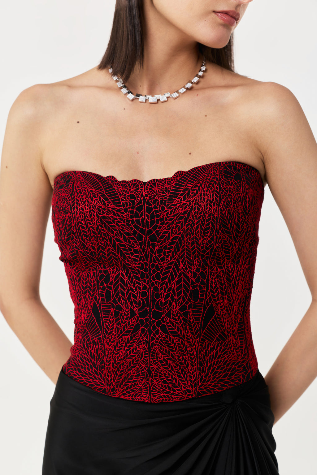 Moss Forest Embroidered Corset Set - Black & Red