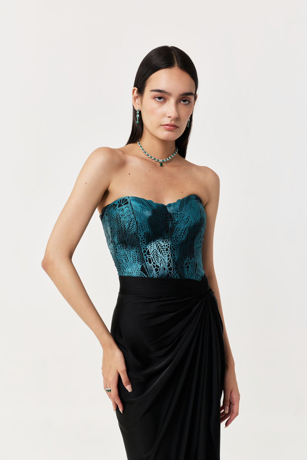 Moss Forest Appliqué Corset Set - Emerald Teal