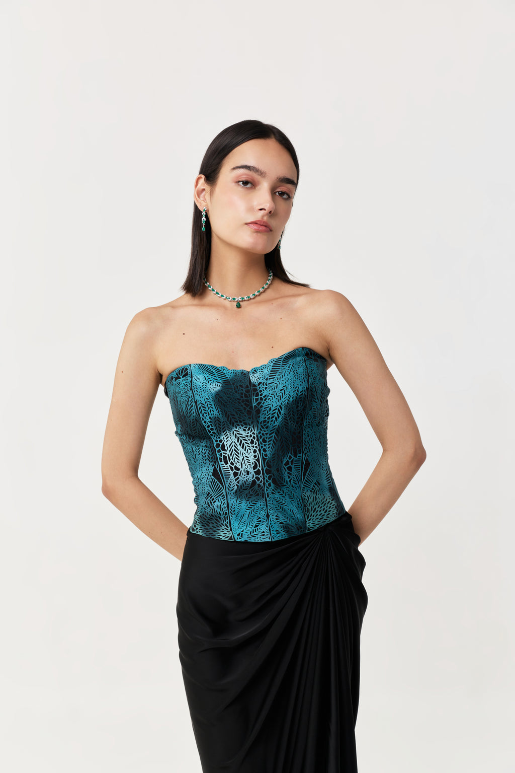 Moss Forest Appliqué Corset Set - Emerald Teal