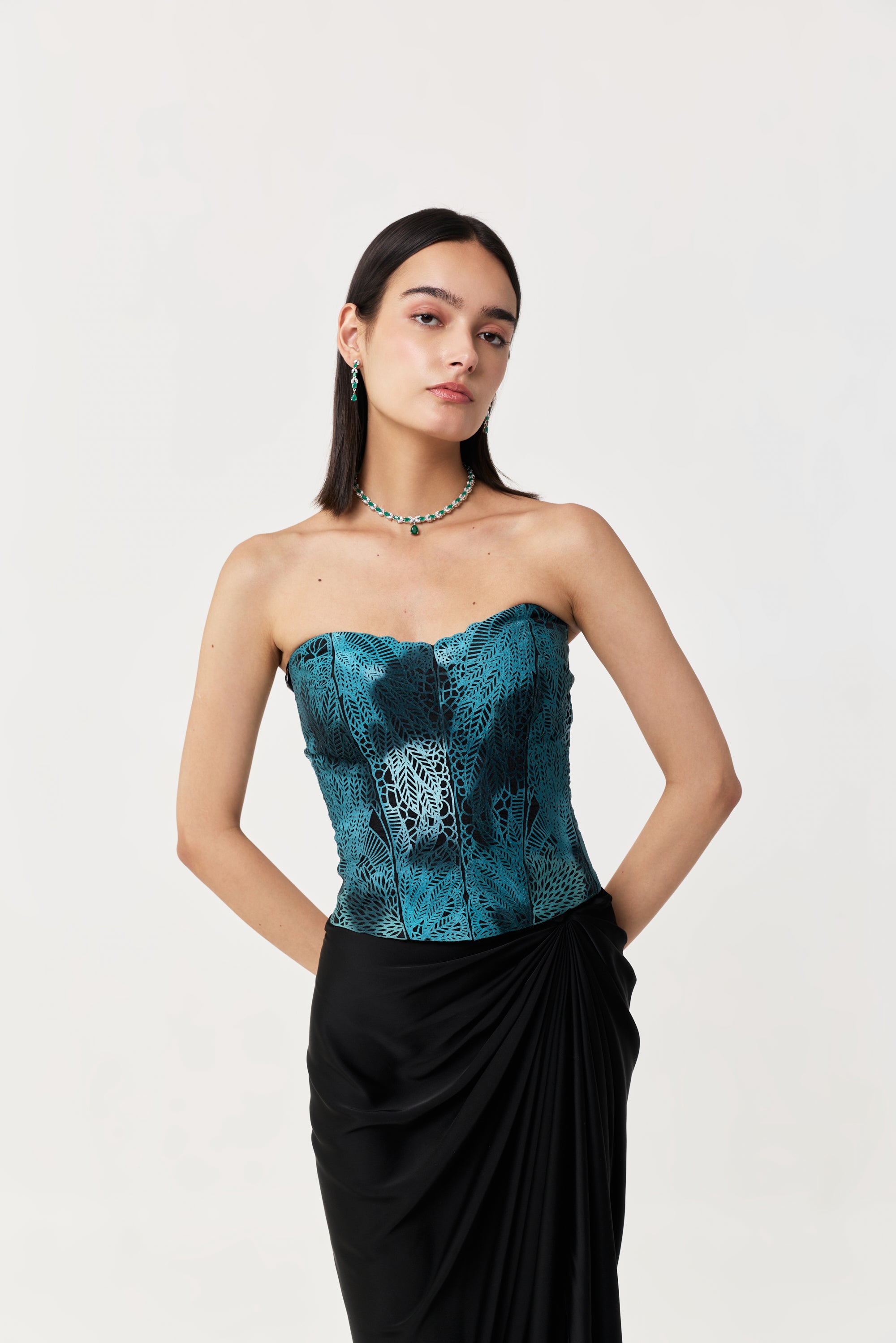 Moss Forest Appliqué Corset Set - Emerald Teal