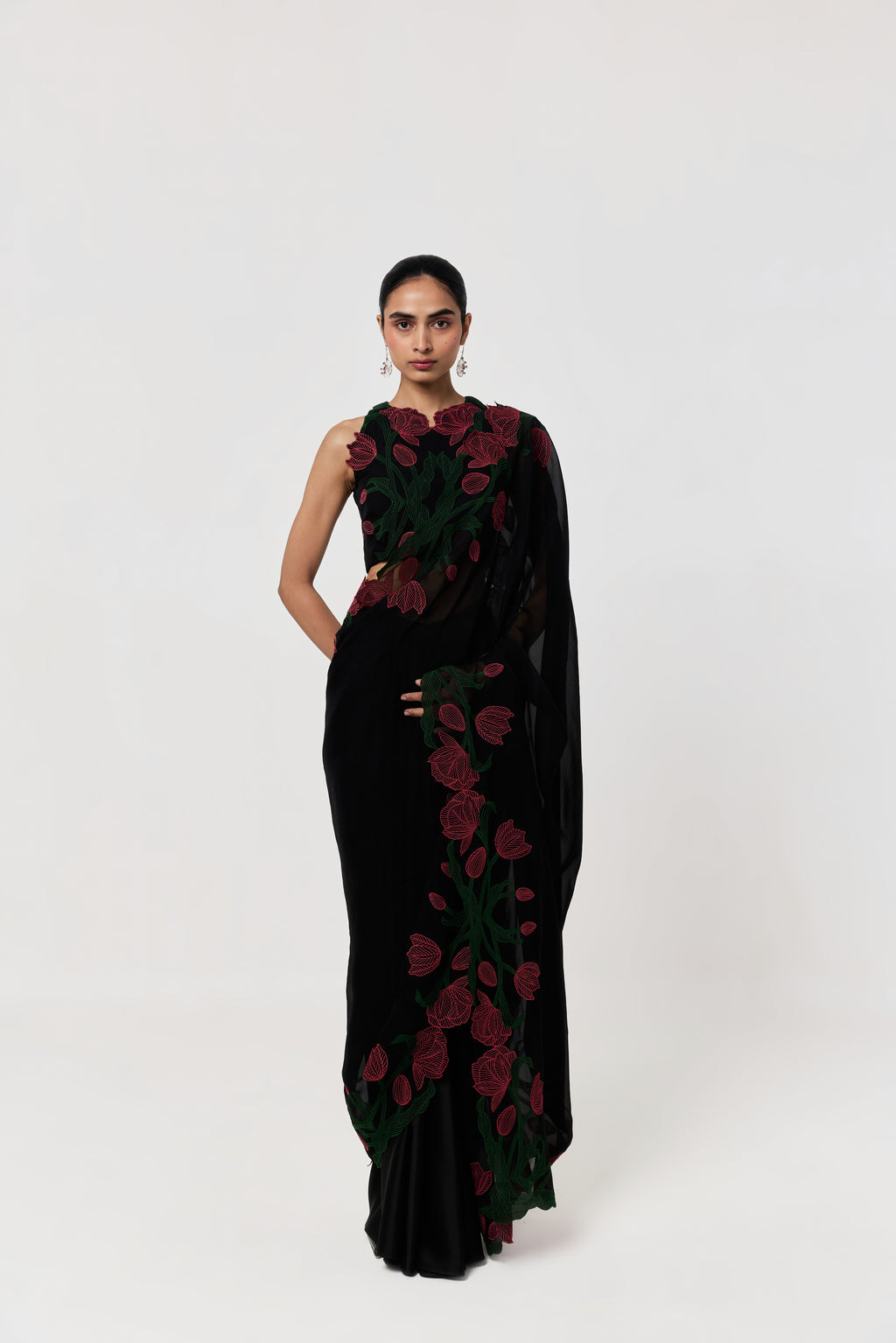 Wild Tulip Pre-Stitched Saree Set - Black with Pink & Green Tulip Embroidery