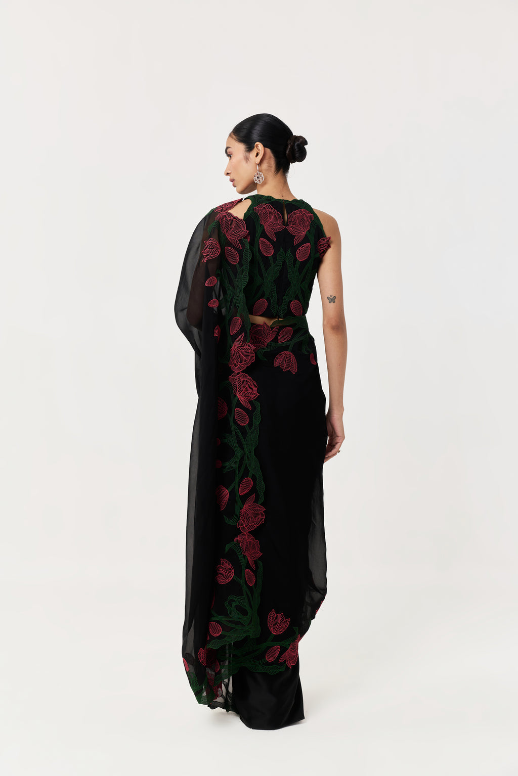 Wild Tulip Pre-Stitched Saree Set - Black with Pink & Green Tulip Embroidery
