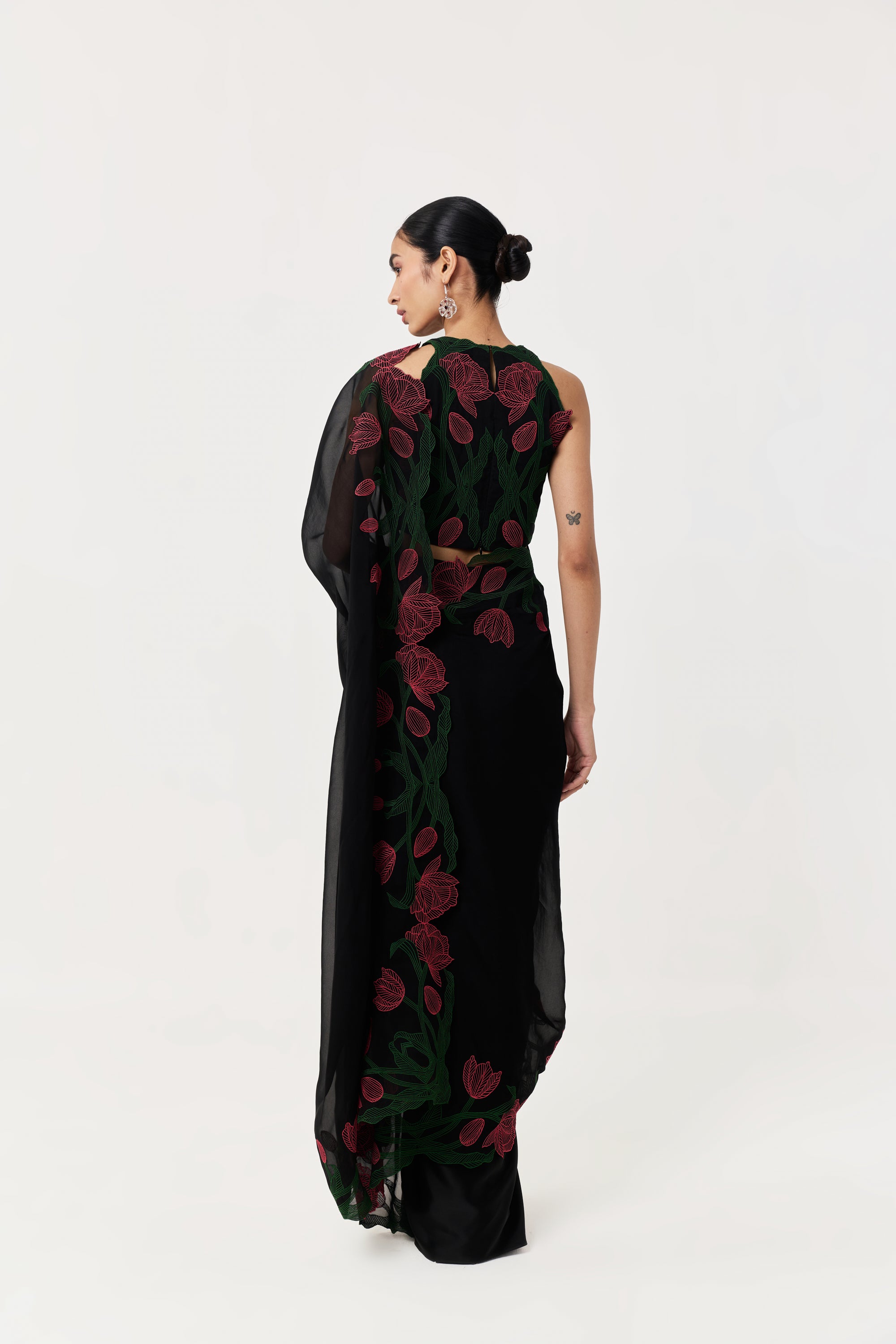 Wild Tulip Pre-Stitched Saree Set - Black with Pink & Green Tulip Embroidery