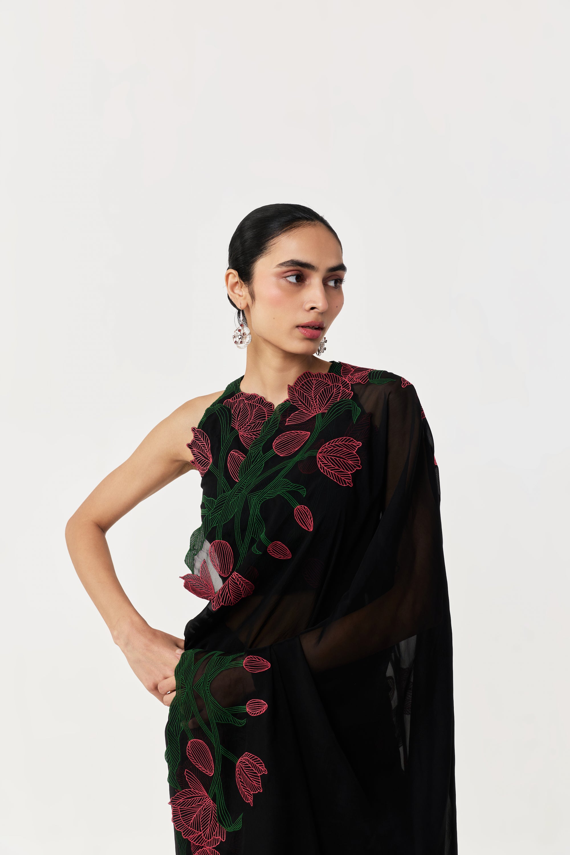 Wild Tulip Pre-Stitched Saree Set - Black with Pink & Green Tulip Embroidery