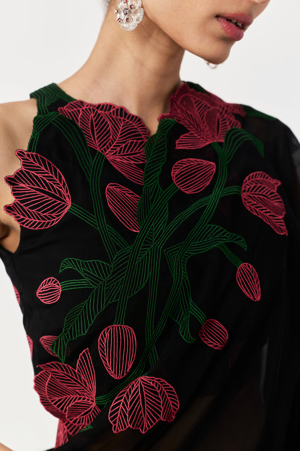 Wild Tulip Pre-Stitched Saree Set - Black with Pink & Green Tulip Embroidery