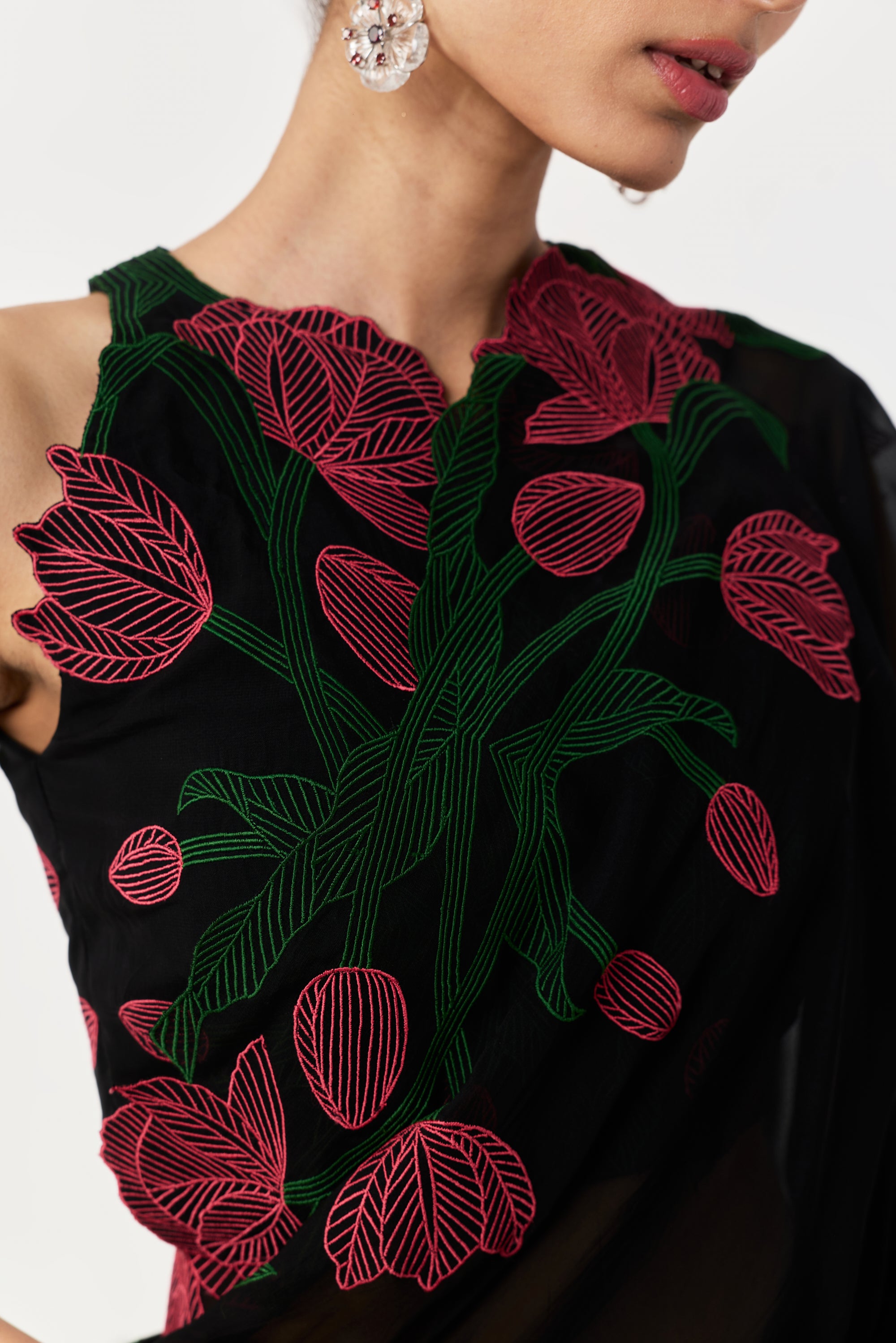 Wild Tulip Pre-Stitched Saree Set - Black with Pink & Green Tulip Embroidery