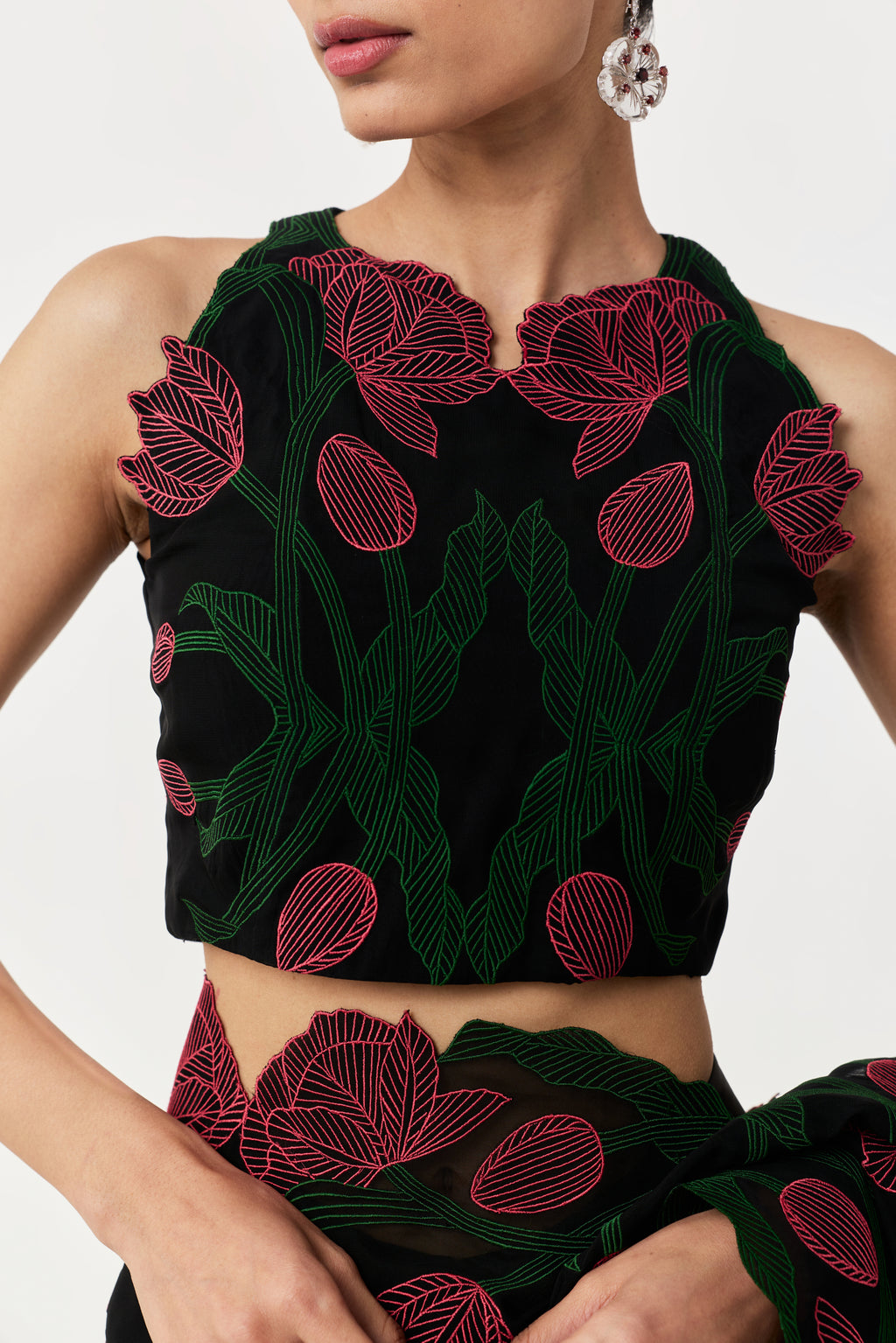 Wild Tulip Pre-Stitched Saree Set - Black with Pink & Green Tulip Embroidery