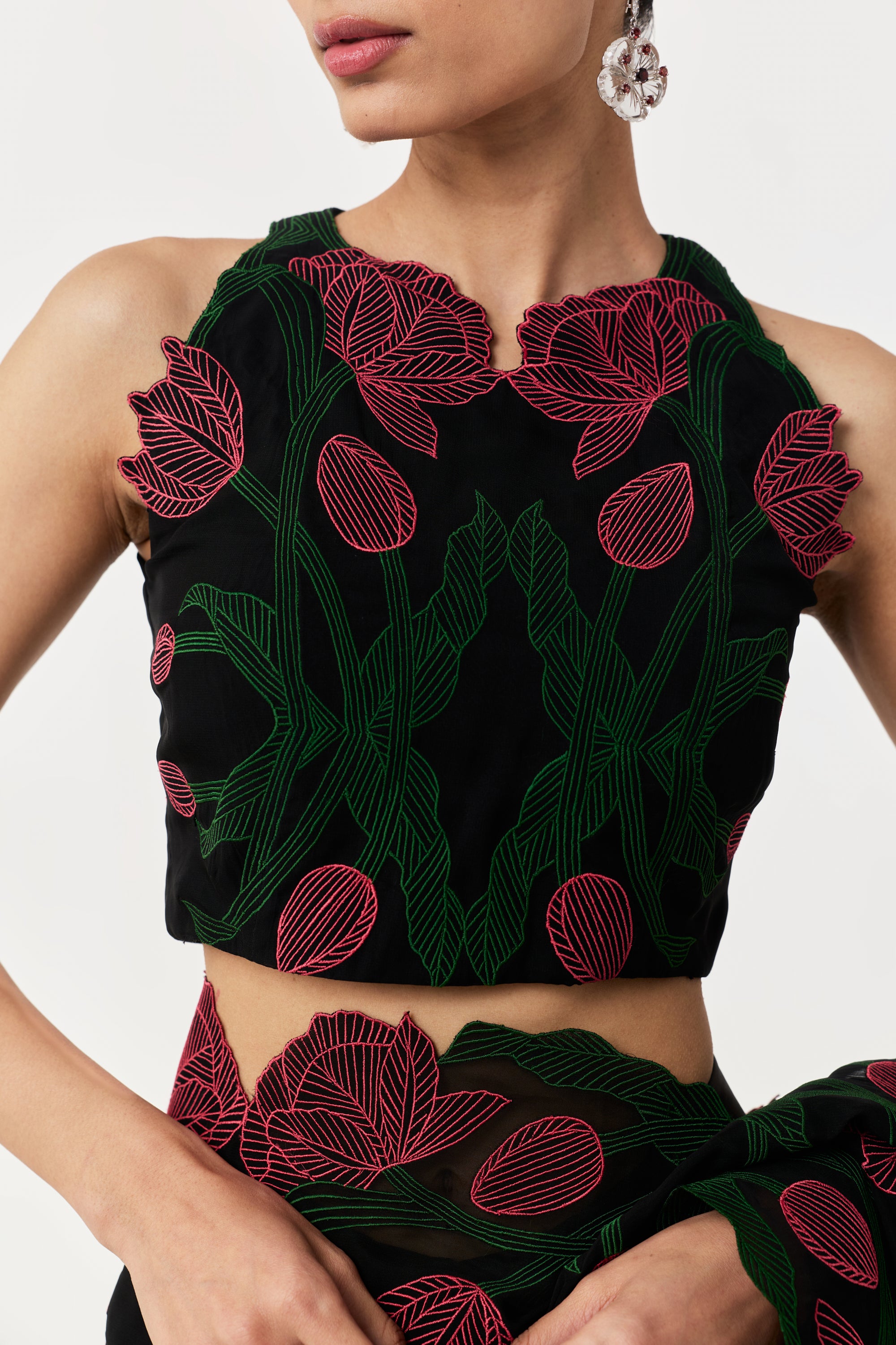 Wild Tulip Pre-Stitched Saree Set - Black with Pink & Green Tulip Embroidery