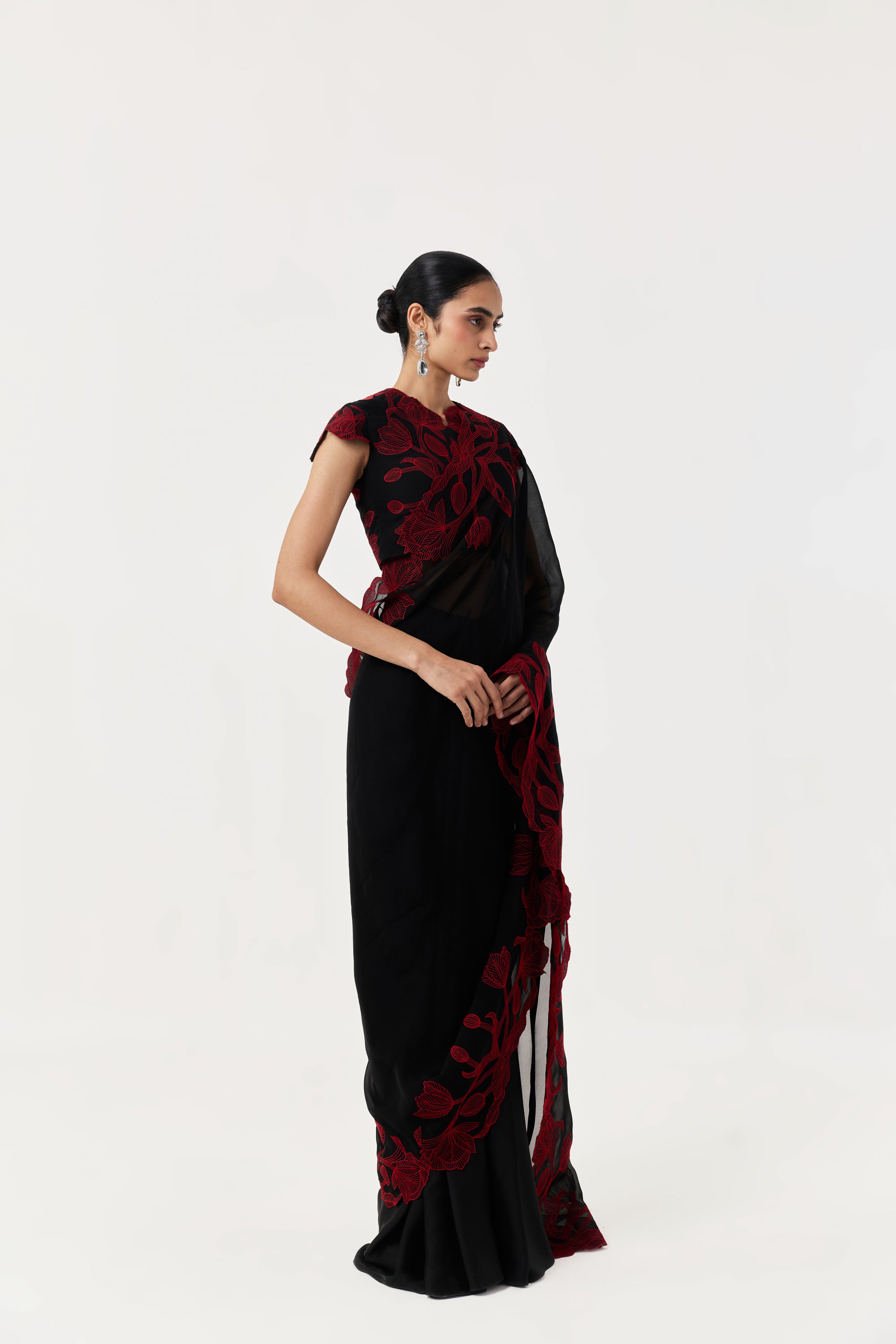 Wild Tulip Pre-Stitched Saree Set With Sleeves- Black & Red