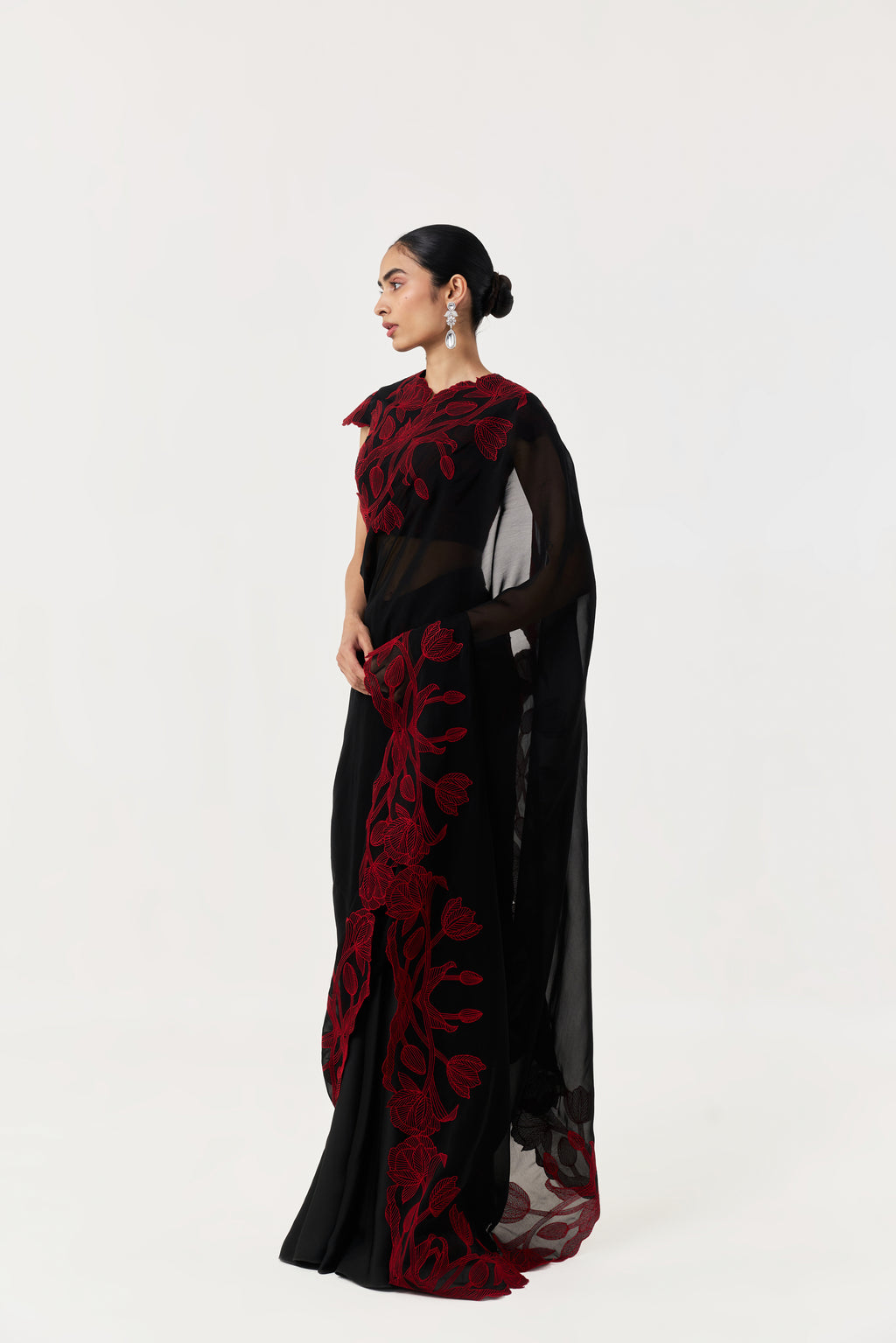 Wild Tulip Pre-Stitched Saree Set With Sleeves- Black & Red