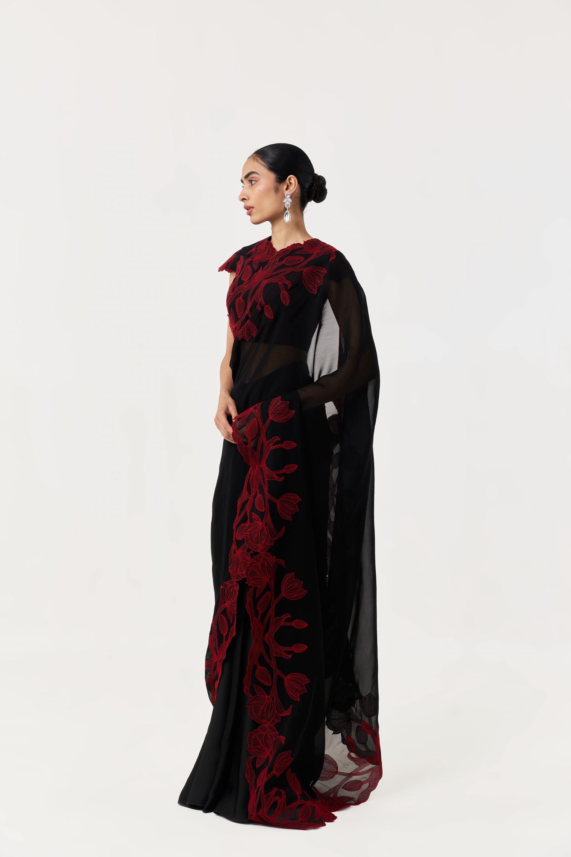 Wild Tulip Pre-Stitched Saree Set With Sleeves- Black & Red