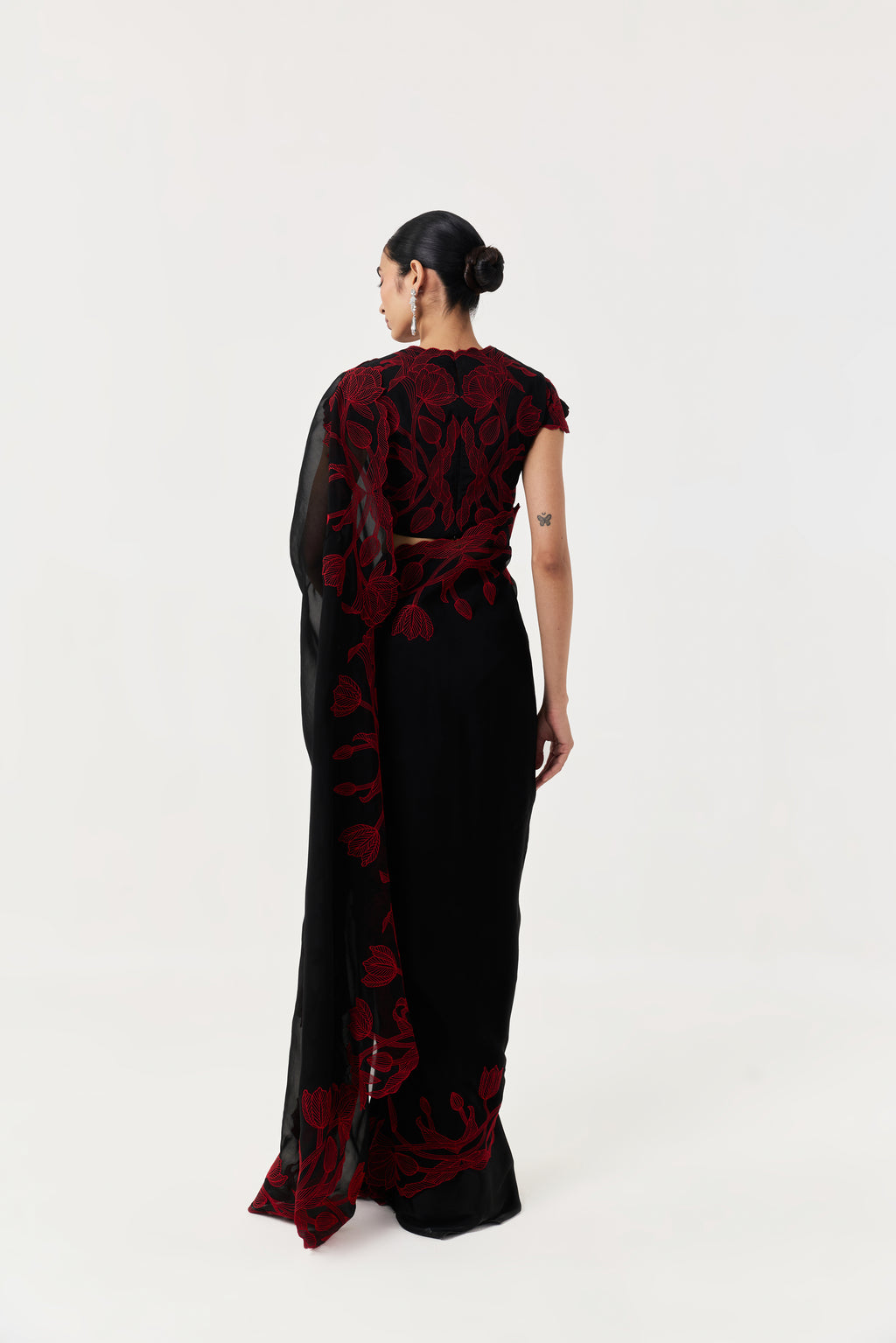 Wild Tulip Pre-Stitched Saree Set With Sleeves- Black & Red