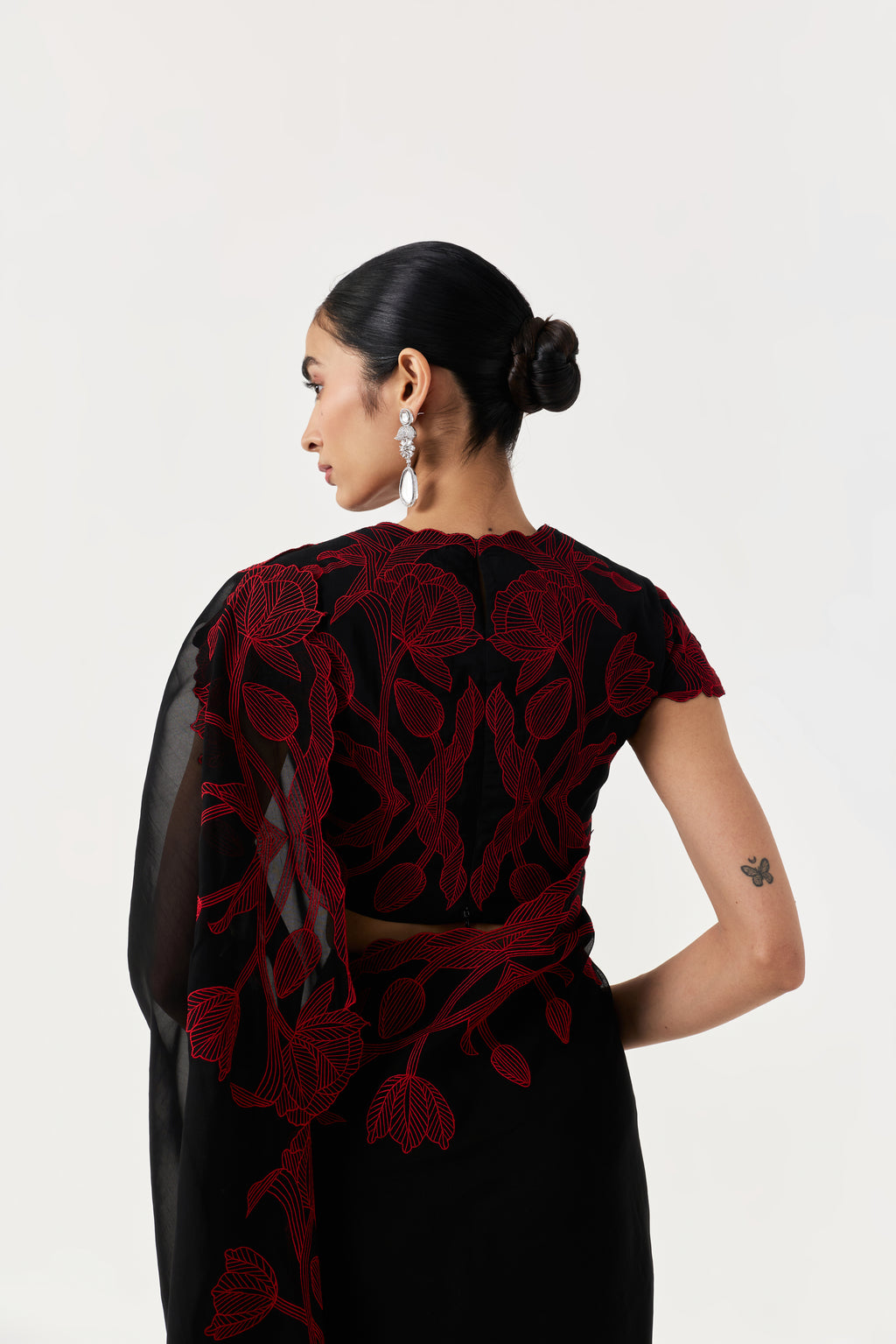 Wild Tulip Pre-Stitched Saree Set With Sleeves- Black & Red