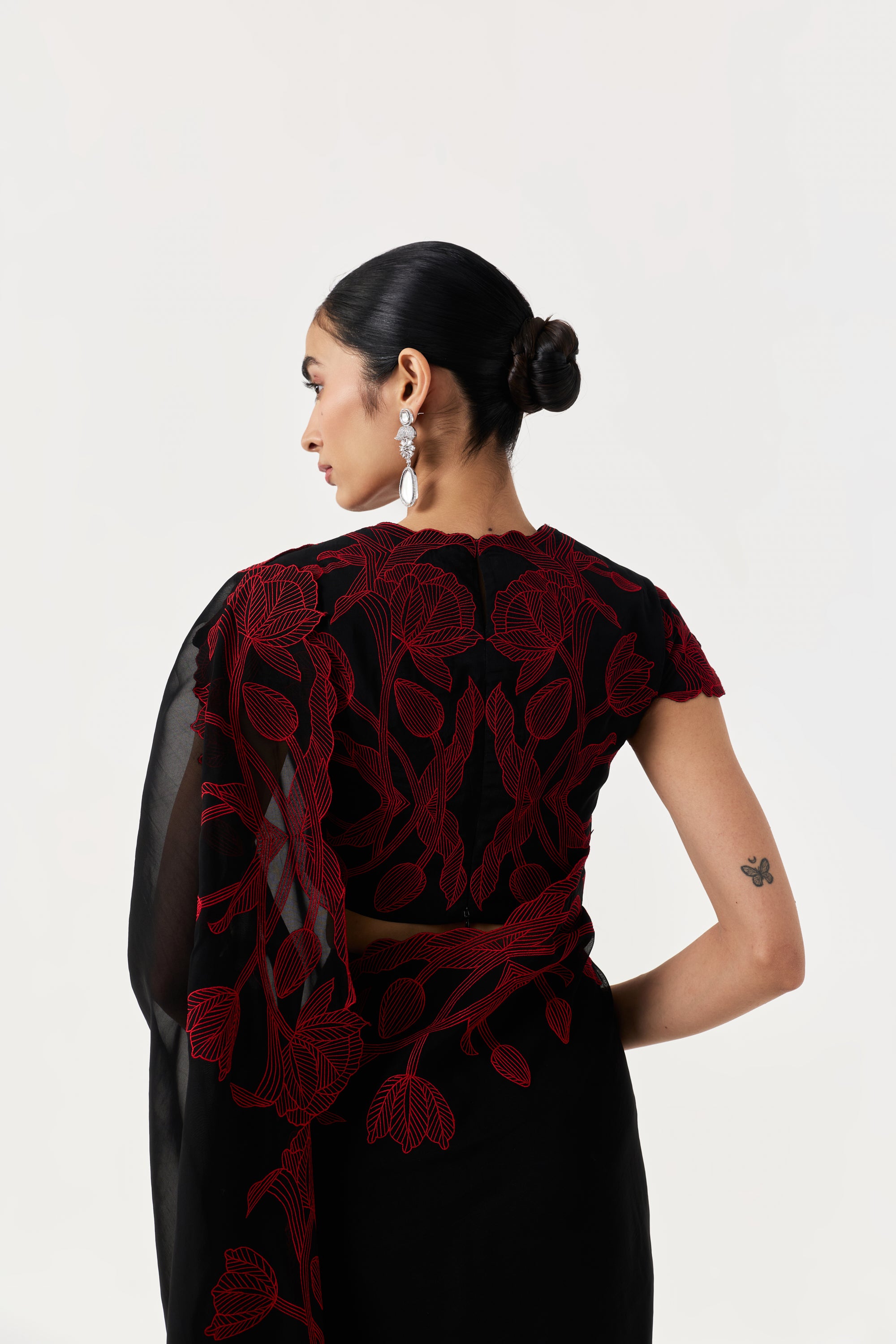 Wild Tulip Pre-Stitched Saree Set With Sleeves- Black & Red