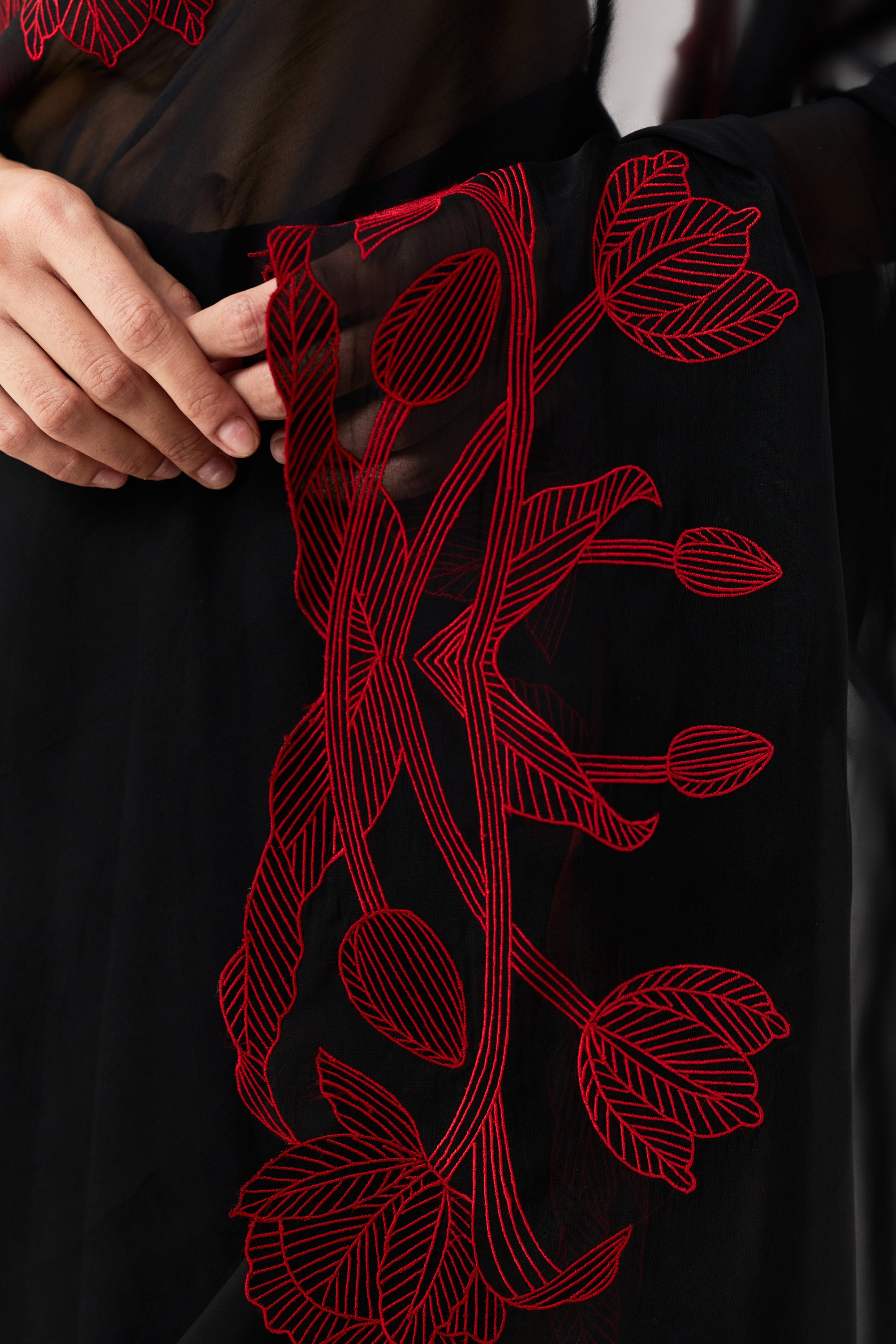 Wild Tulip Pre-Stitched Saree Set With Sleeves- Black & Red