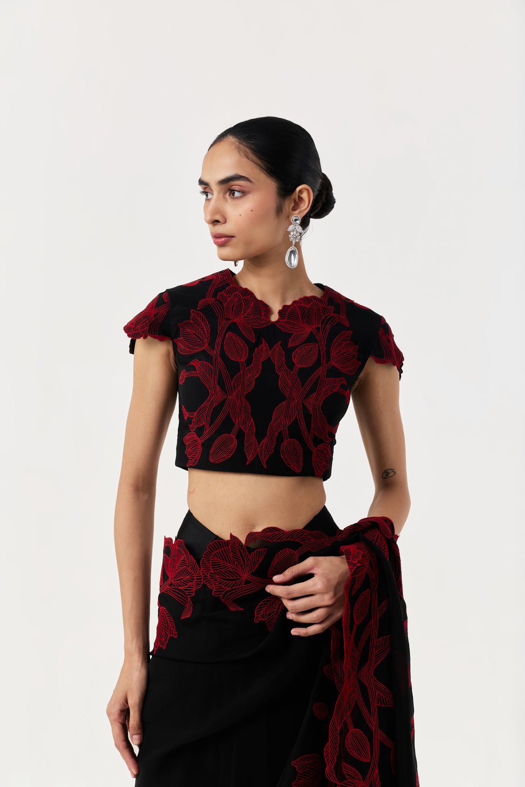 Wild Tulip Pre-Stitched Saree Set With Sleeves- Black & Red