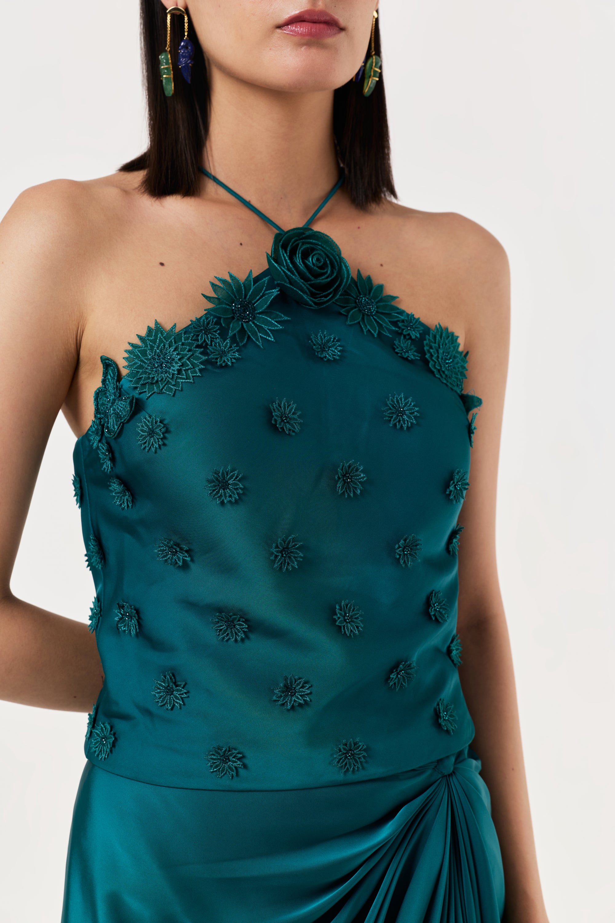3D Floral Halter Top Skirt Set - Emerald Teal