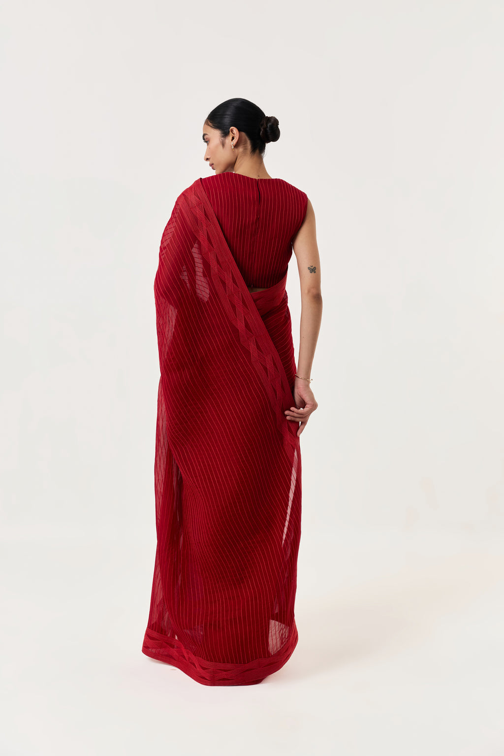 Entwined Corded Saree with Striped Pallu - Red