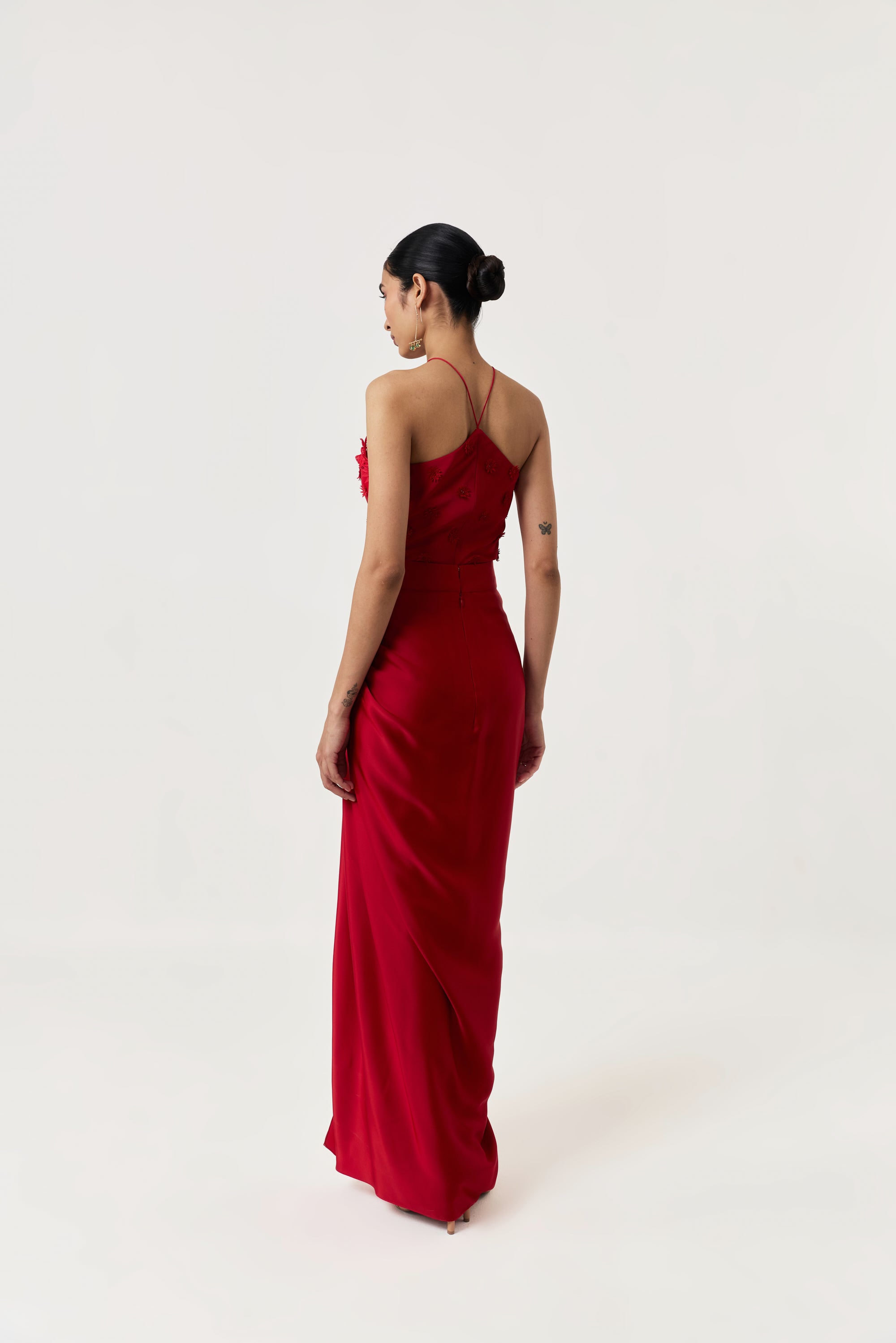 3D Floral Halter Top Skirt Set - Red