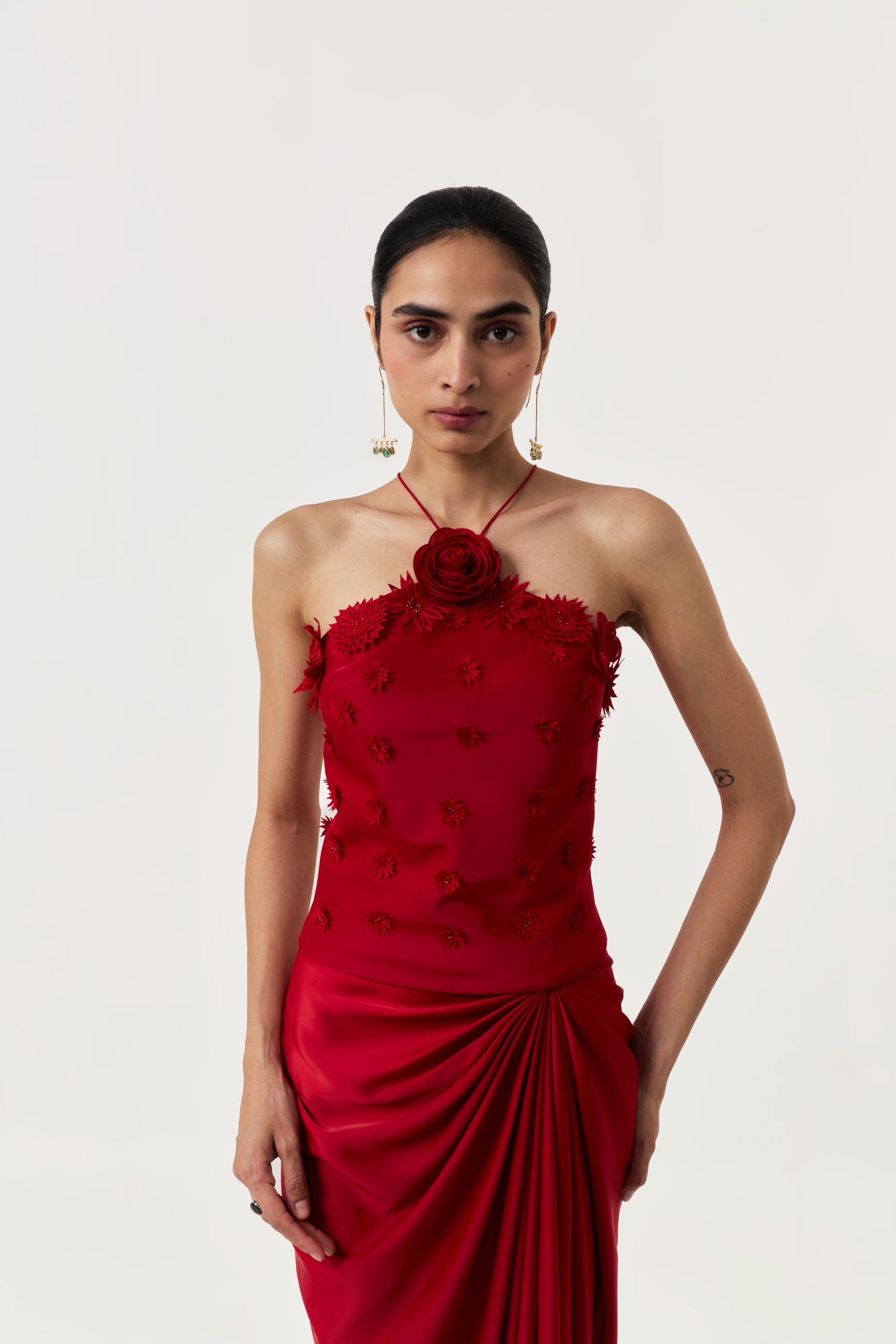 3D Floral Halter Top Skirt Set - Red