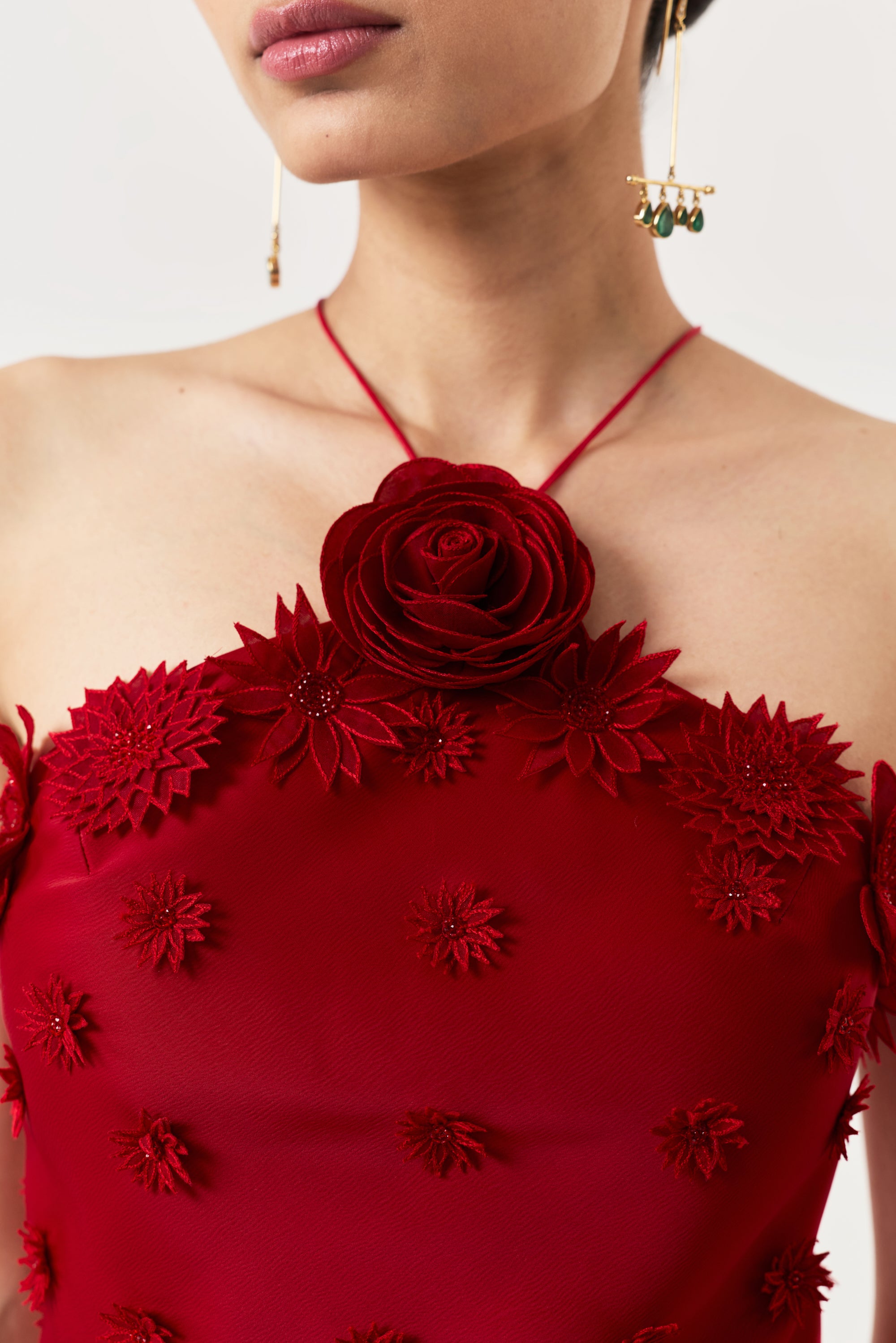 3D Floral Halter Top Skirt Set - Red