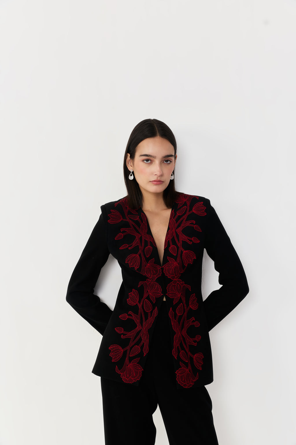 Wild Tulip Collarless Blazer - Black & Red