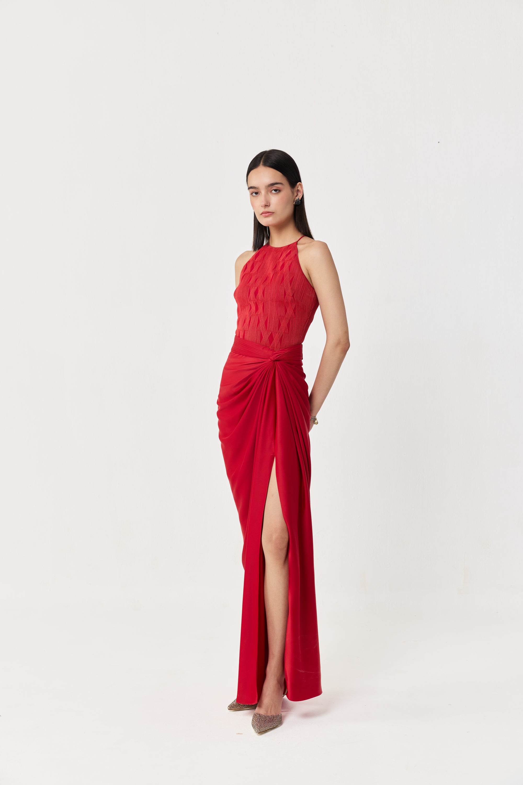 Entwined Corded Halter Top Skirt Set - Red