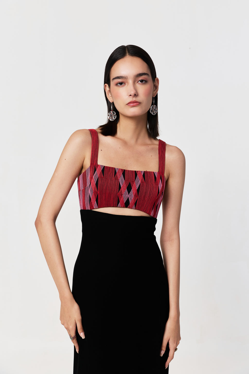 Entwined Corded Yoke Dress with Cutout - Black & Red