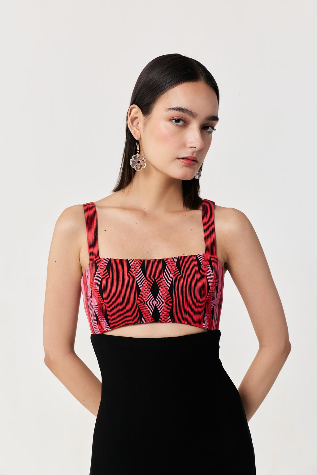 Entwined Corded Yoke Dress with Cutout - Black & Red