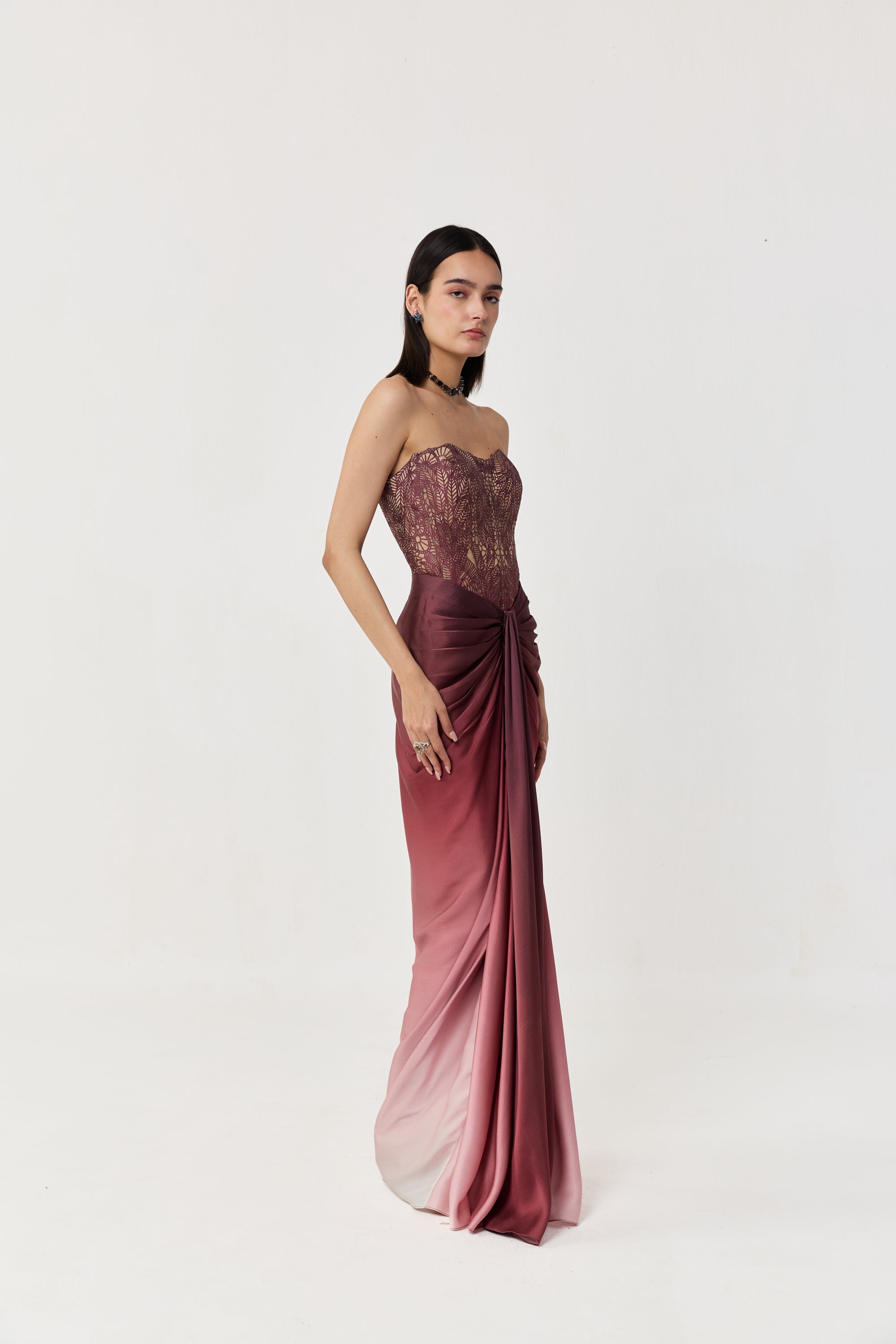 Moss Forest Applique' Corset Skirt Set - Maroon Ombre