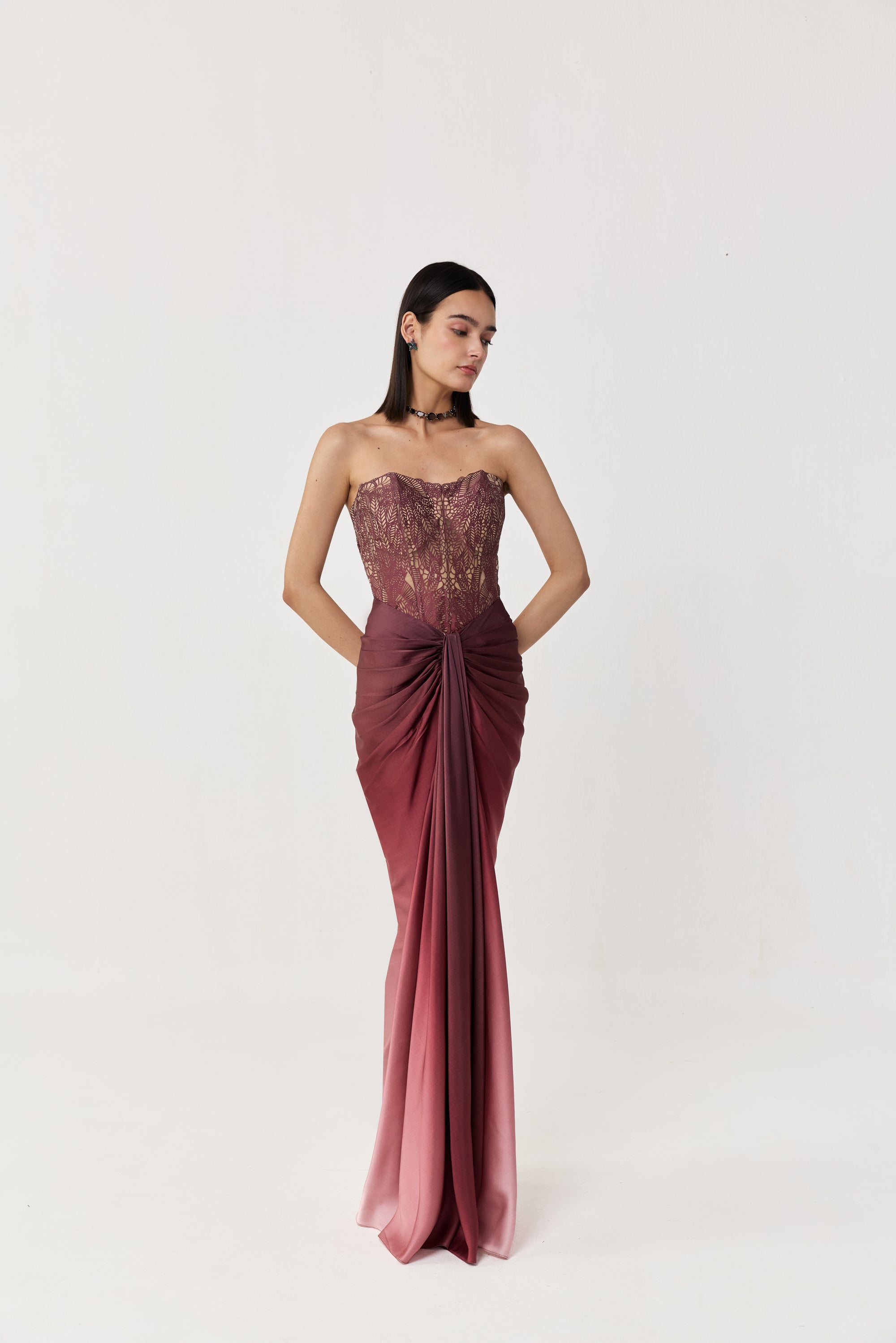Moss Forest Applique' Corset Skirt Set - Maroon Ombre